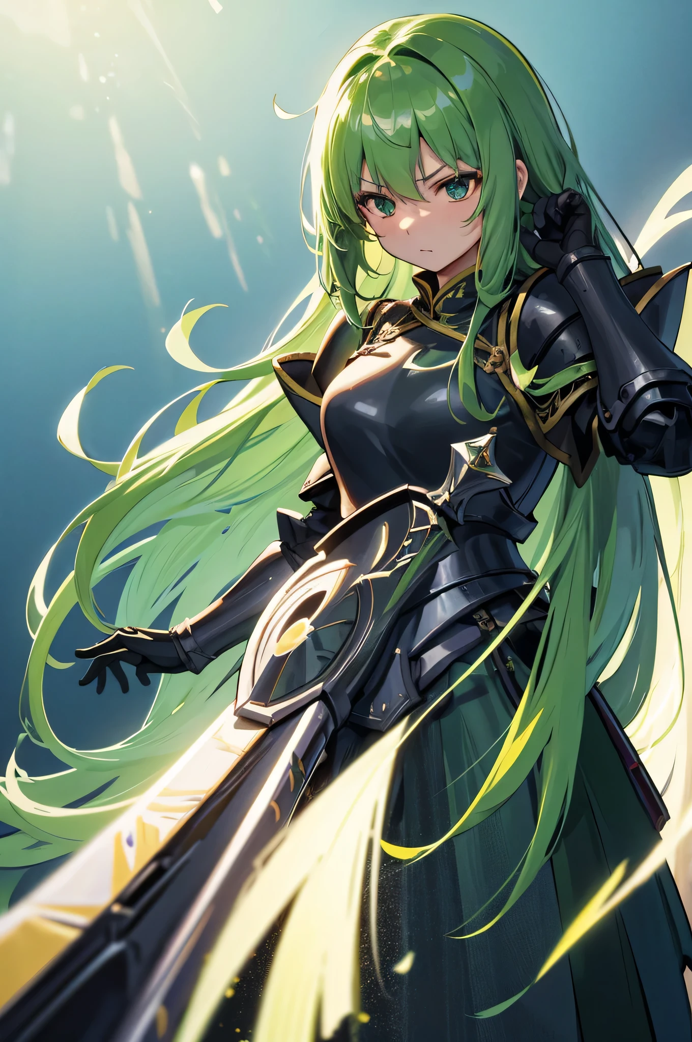 4k,High resolution,one woman,green hair,long hair,knight,黒色のknightの鎧,heavy armor,knightのヘルメット,long sword,Plain color