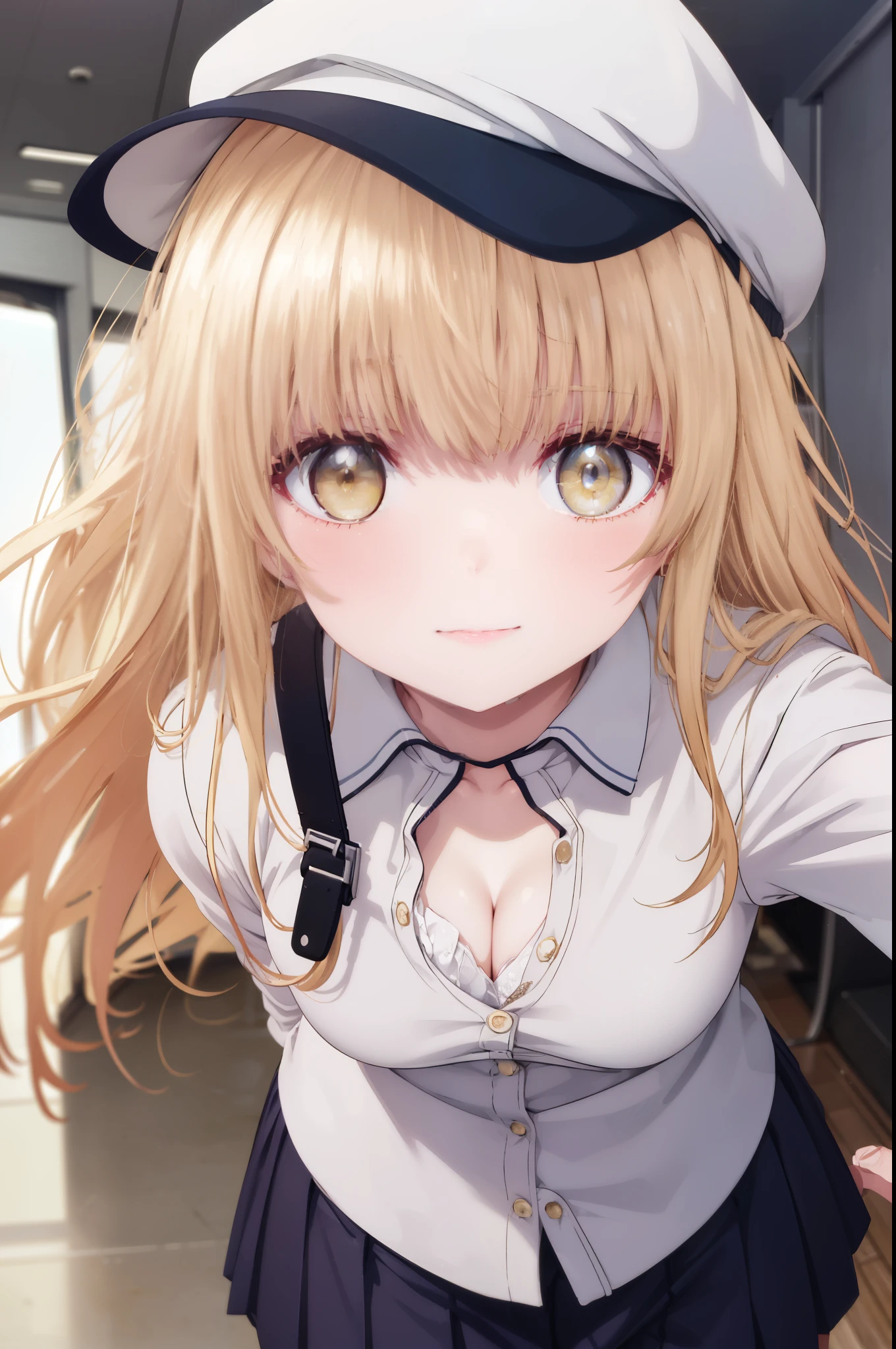 mahirushiina, Mahiru Shiina, bangs, blonde hair, brown hair, (yellow eyes:1.3), smile,
plane, indoor, flight attendant, vest, cap, pantyhose, name tag, Are standing, leaning forward, cleavage, 魅惑的なsmile, down blouse, Sound notes, throw, 性的なものを暗示する
break indoors,plane,
break looking at viewer, (cowboy shot:1.5),
break (masterpiece:1.2), highest quality, High resolution, unity 8k wallpaper, (figure:0.8), (detailed and beautiful eyes:1.6), highly detailed face, perfect lighting, Very detailed CG, (perfect hands, perfect anatomy),