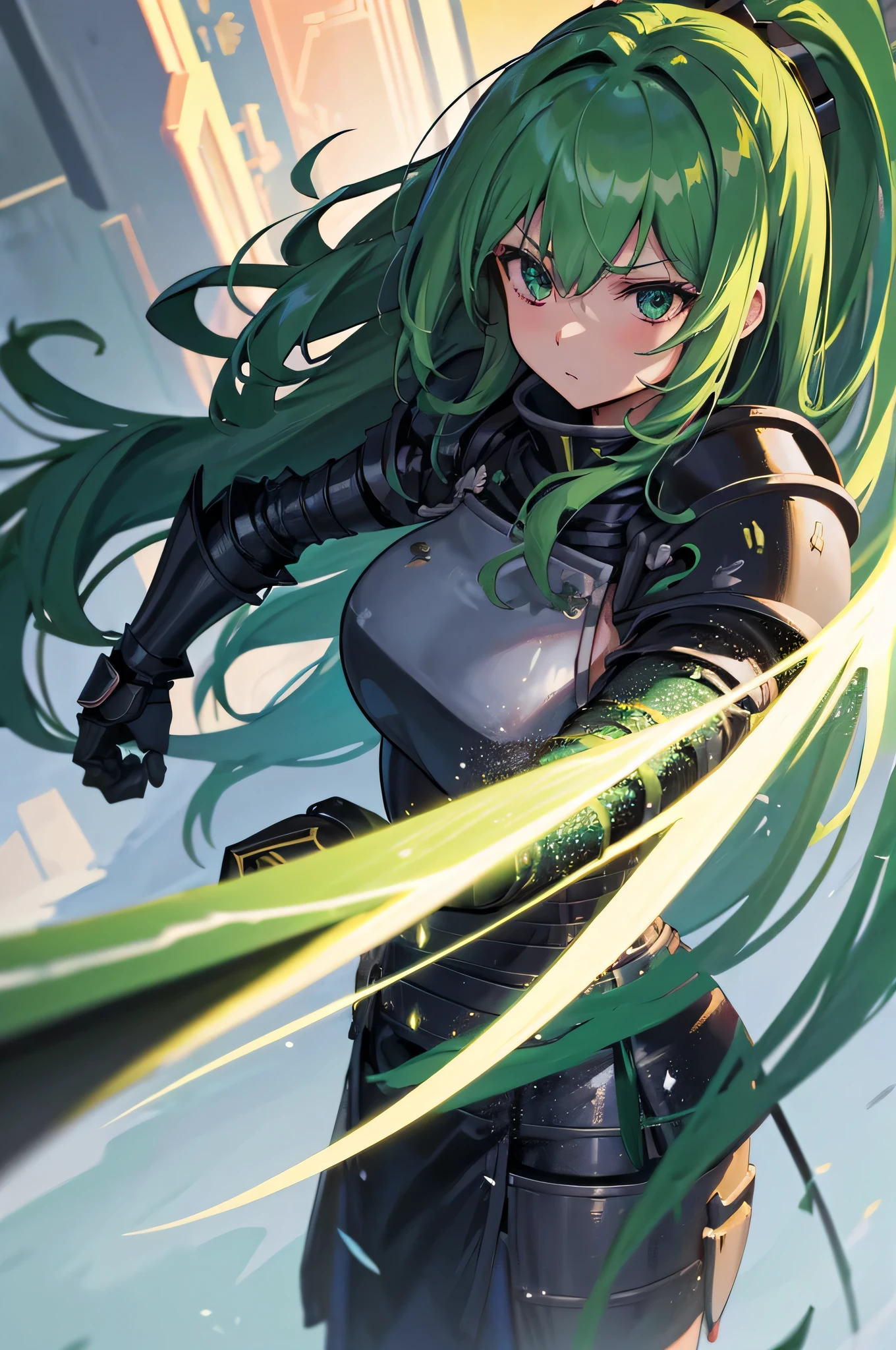 4k,High resolution,one woman,green hair,long hair,knight,黒色のknightの鎧,heavy armor,knightのヘルメット,long sword,Plain color