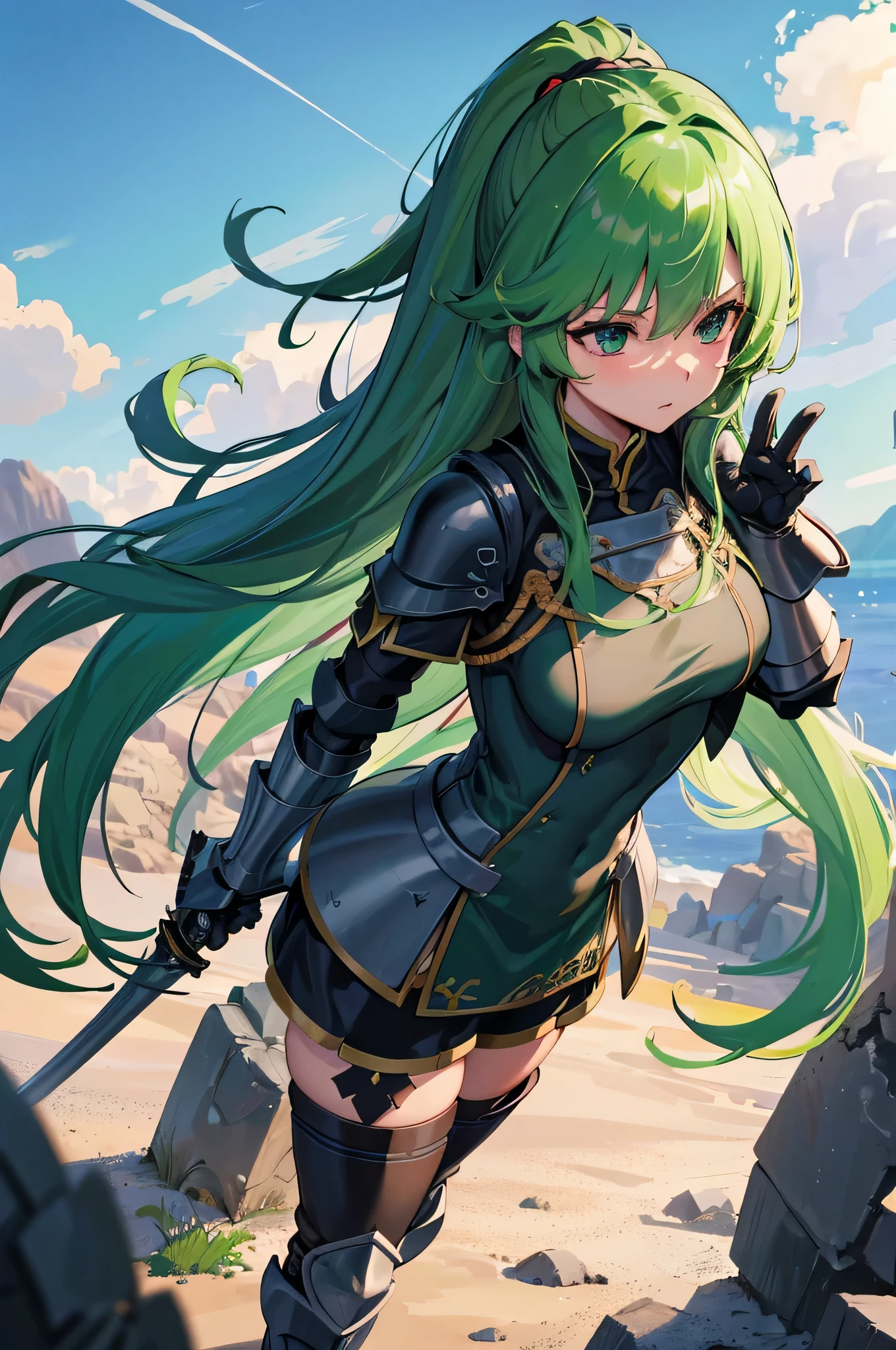 4k,High resolution,one woman,green hair,long hair,knight,黒色のknightの鎧,heavy armor,knightのヘルメット,long sword,Plain color