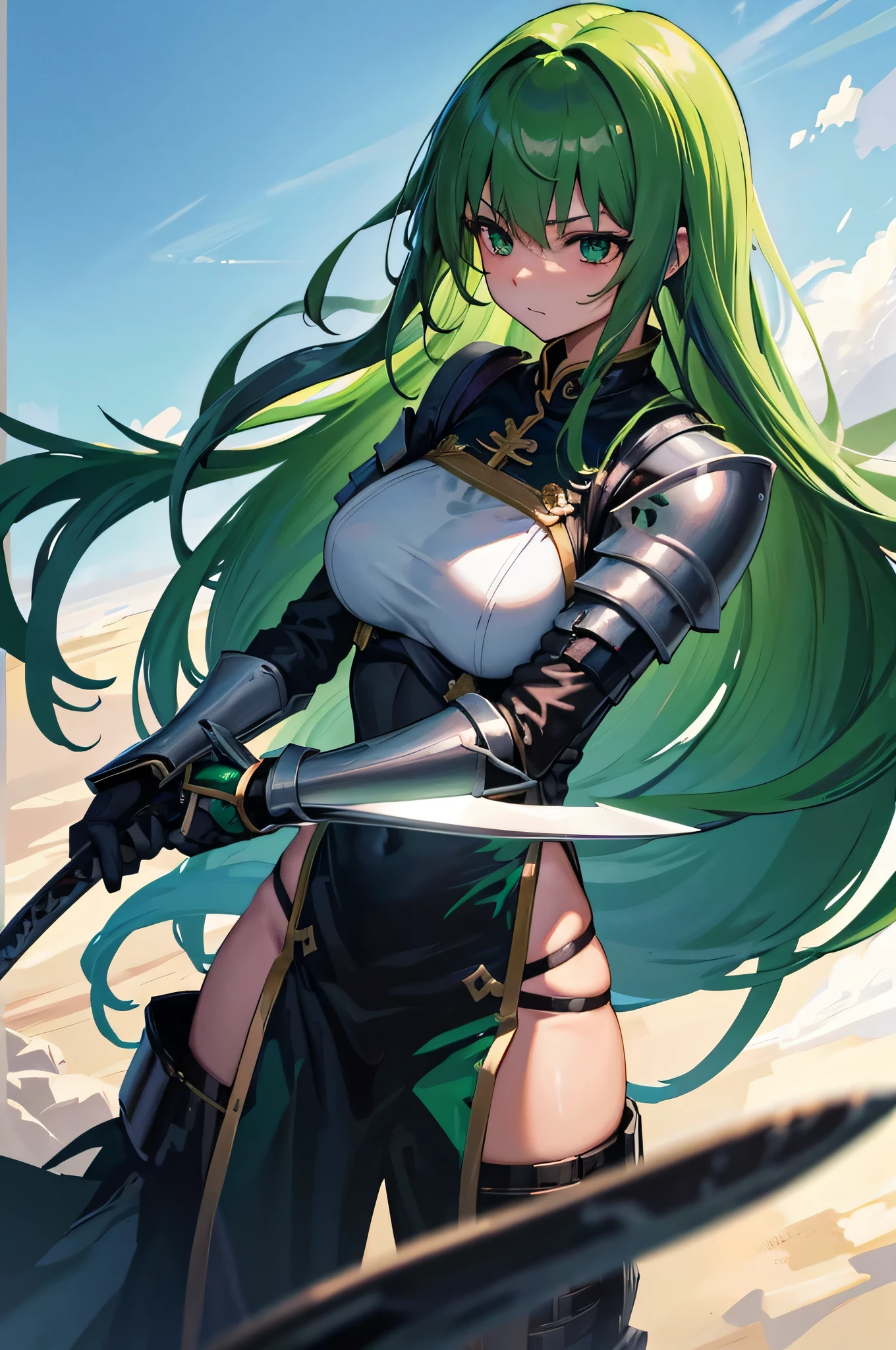 4k,High resolution,one woman,green hair,long hair,knight,黒色のknightの鎧,heavy armor,knightのヘルメット,long sword,Plain color