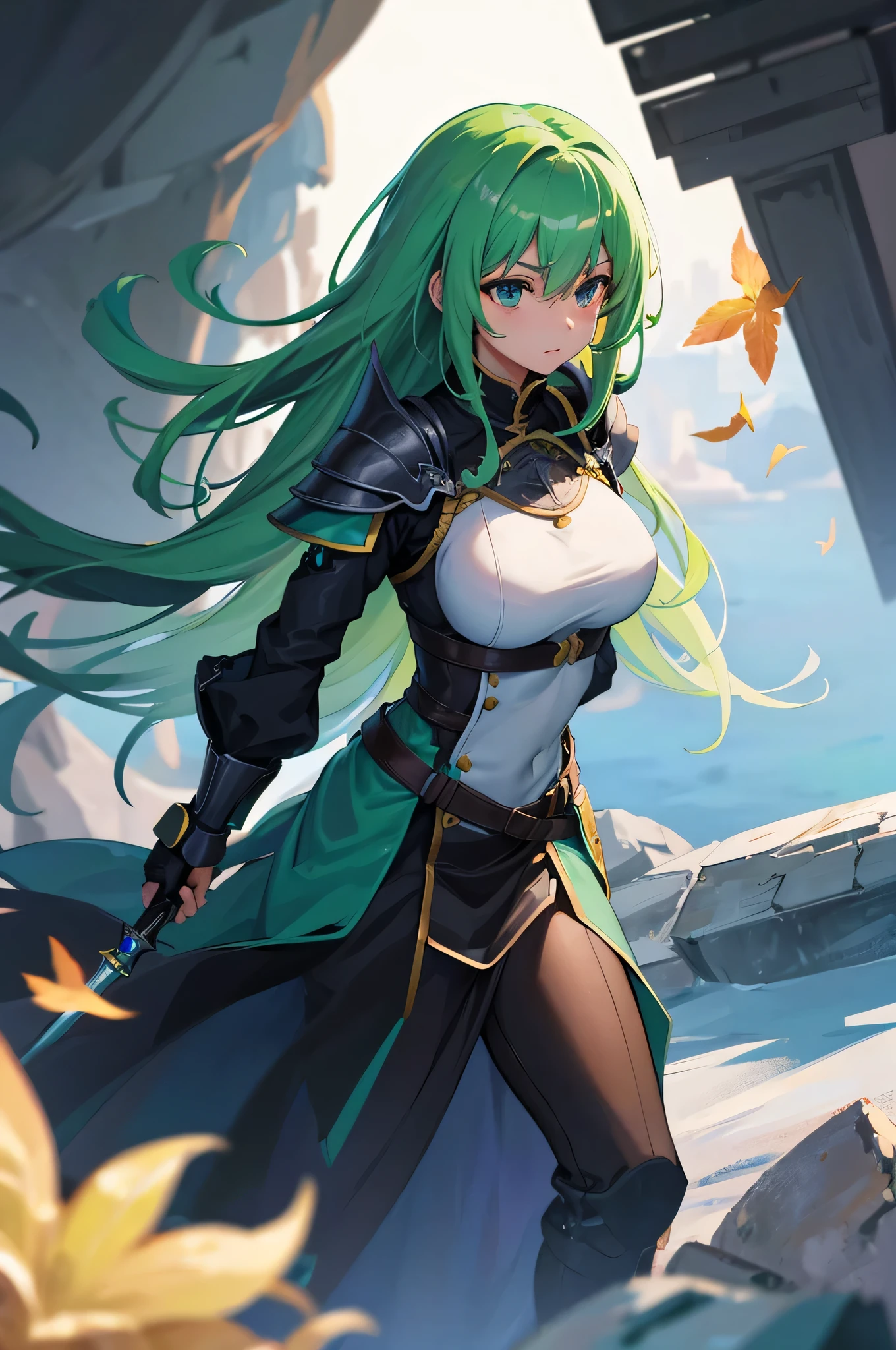 4k,High resolution,one woman,green hair,long hair,knight,黒色のknightの鎧,heavy armor,knightのヘルメット,long sword,Plain color