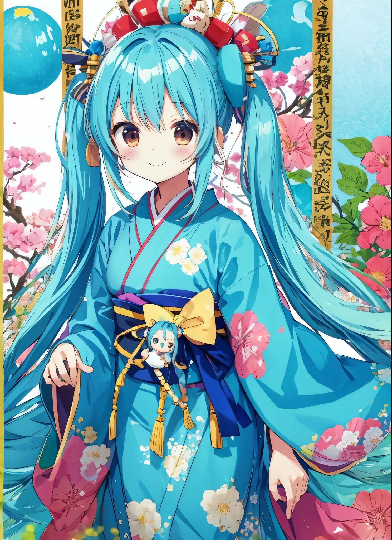 light blue long hair、girl with twin tails　Doll&#39;s Festival　Hina doll tiered decoration　kimono　cute smile