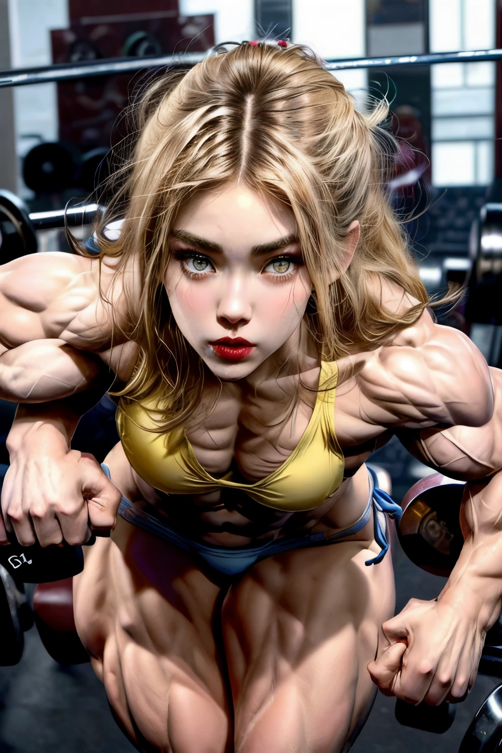 (2 girls body builders:1.6), ((masterpiece)), best quality, ultra-detailed:1.7, finely detail, high resolution:1.6, perfect dynamic composition, beautiful detailed faces:1.77, blonde babes:1.88, perfect red lipstick, perfect makeup:1.8, short denim bikini , large breasts:1.4, lovely look:1.7, gorgeous face:1.6, defined muscles:1.4, beautiful faces:1.8, alessandra ambrossio, izabel goulart, Kate Upton, Gigi Hadid, candice swanpoel ,popped out dense veins on muscles:1.8, hyper detailed picture:1.4, 8k resolution: 1.7, flex muscles:1.3, hyper muscular body shape:1.42, photorealistic:1.5, realistic:1.6, face masterpiece:1.74, good and professional lighting on picture:1.38, Ukrainian-Moroccan muscle beauty goddess, masterpiece 24 years old Gigi Hadid and Madison Beer as bodybuilders, extremely high resolution, hyper feminine beauty , hyper realistic texture , extra large , hyper muscularity, hyper vascularity, ass of titanium, muscles of steel, ripped body shape, ripped sexy ass with bikini, muscular ass , topless, kissing, good face details, hyper face detailing, doing sex, super romantic moment, hyper romantic, romantic kiss, nude females, sexy, perfect symmetrical face