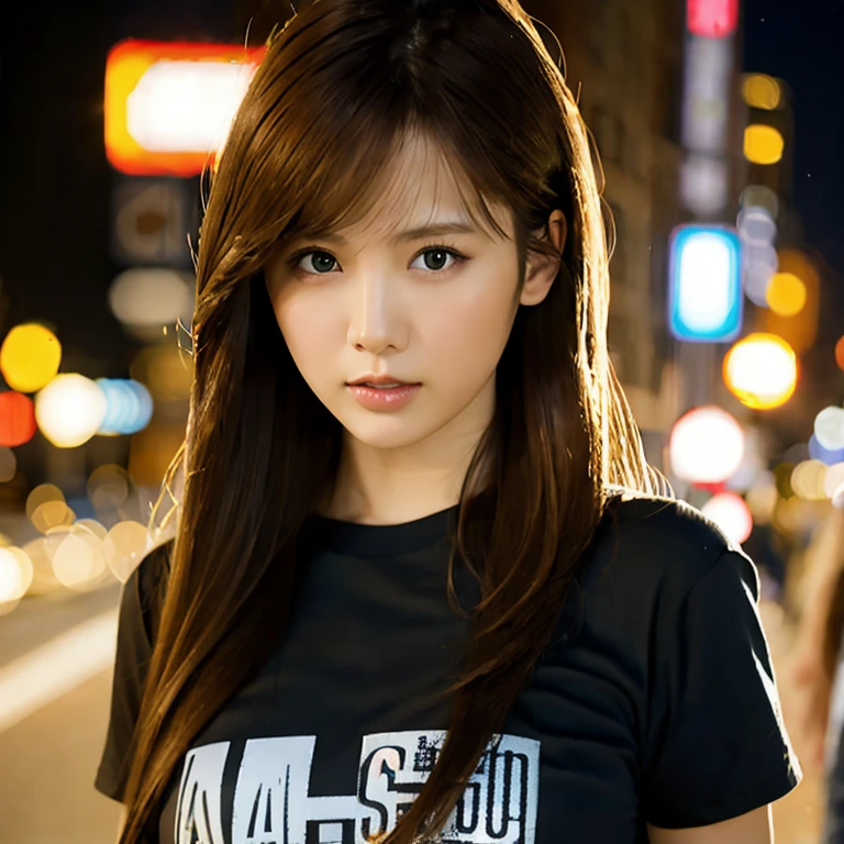 (masterpiece, best quality:1.2), 1girl, solo,(Best quality, High resolution, Masterpiece :1.3), A pretty woman, Slender figure, Dark brown hair, T-shirt, (Street in city at night), Highly detailed face and skin texture, Detailed eyes, Double eyelid