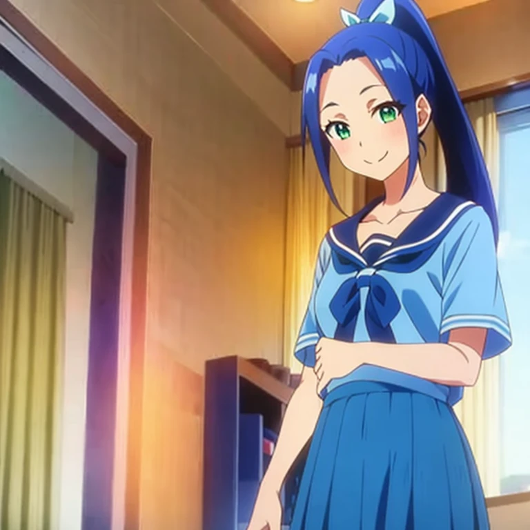 (masterpiece, best quality:1.2), 1girl, solo, brown eyes, blue hair, long hair, forehead, ponytail, ribbon, butterfly-shaped ribbon, serafuku, shirt, (blue shirt:1.3), collarbone, (green collarbone:1.2), sailor collar, school uniform, short sleeves, skirt, (blue skirt:1.15), (cowboy shot:1.3), looking at viewer, closed mouth, smile,