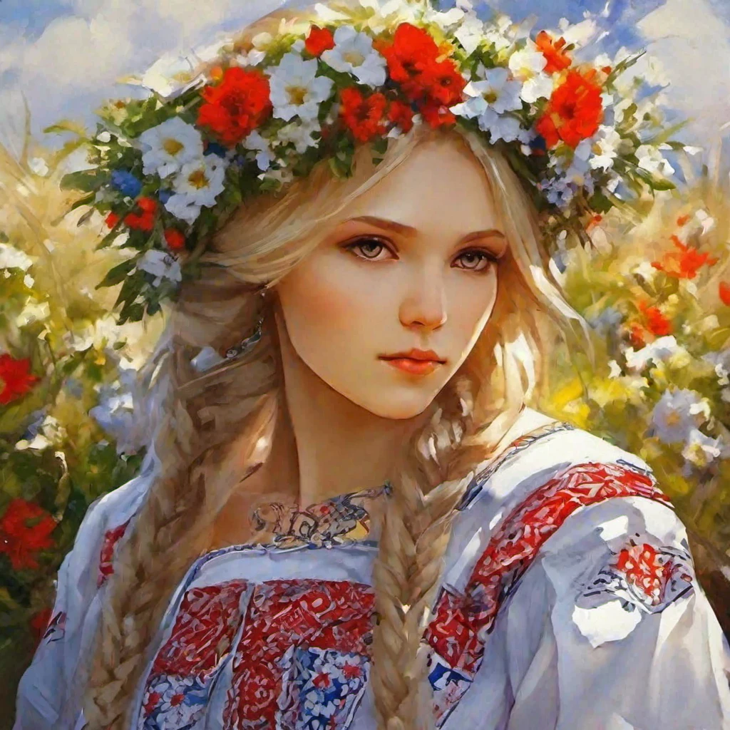 (masterpiece, best quality:1.2), 1girl, Slavyanka, a girl of Slavic appearance, white clothes, rag dress, pattern on the dress, Russian girl, flowers in her hair