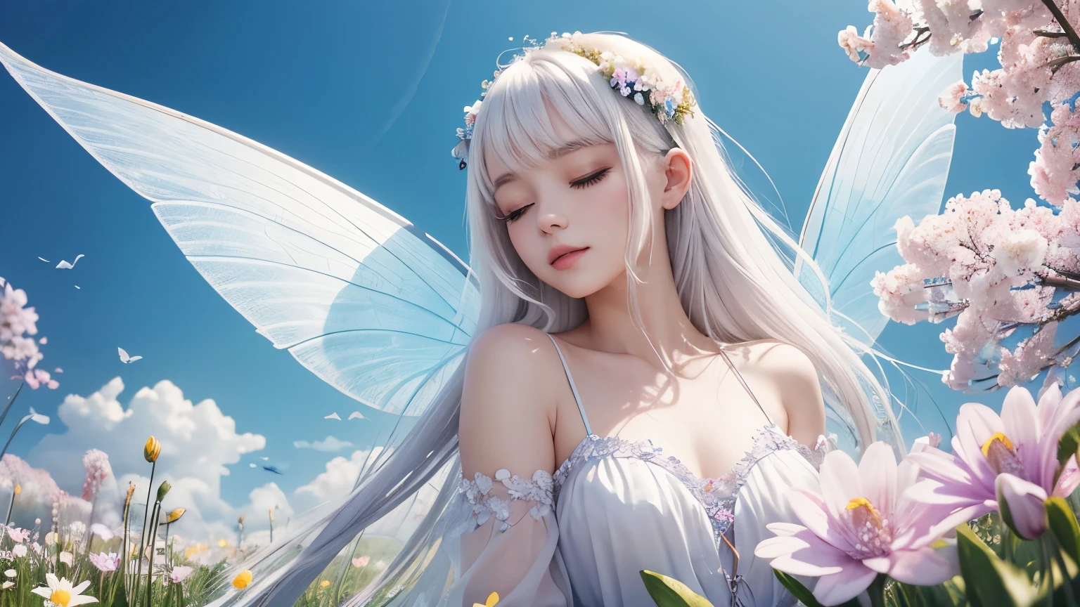 One beautiful fairy with wings、Sleeping、white hair、bangs、Upper body、Beautiful lips、Flowers in the foreground、spring scenery、surrounded by spring flowers、colorful flower field、high resolution、mysterious、high resolution、