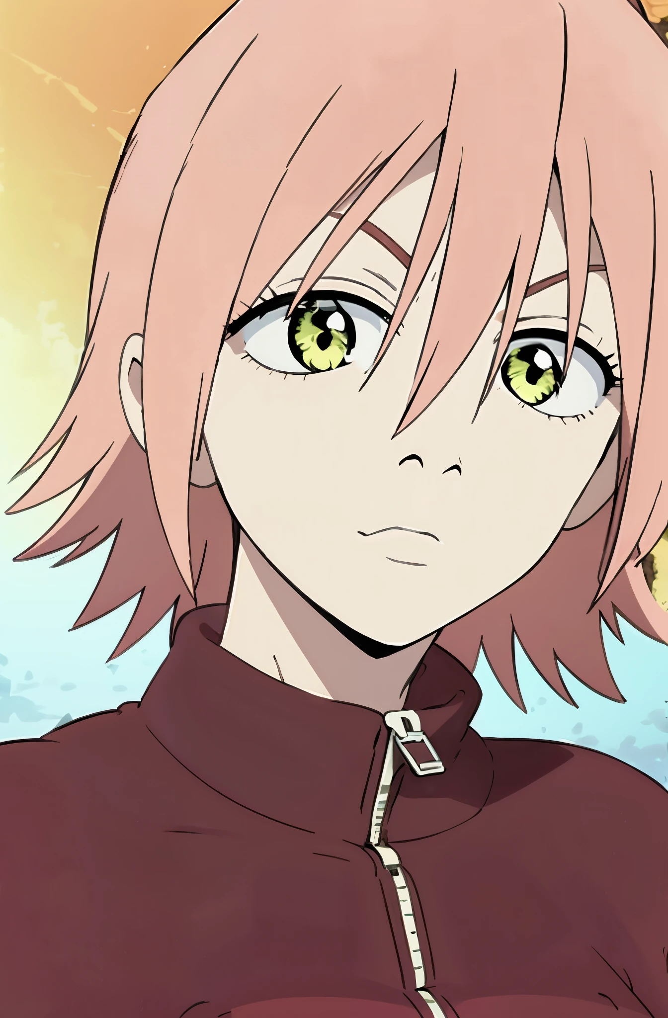 ((best quality)),((highly detailed)),masterpiece,absurdres,detailed face,beautiful face,(detailed eyes, deep eyes),1girl,((dynamic pose)) ,   haruko, yellow eyes, solo, gloves, short hair, pink hair, long sleeves, hair between eyes, pants, bangs, gradient background, gradient, closed mouth, shirt, shaded face, breasts, spiked hair, simple background, short sleeves