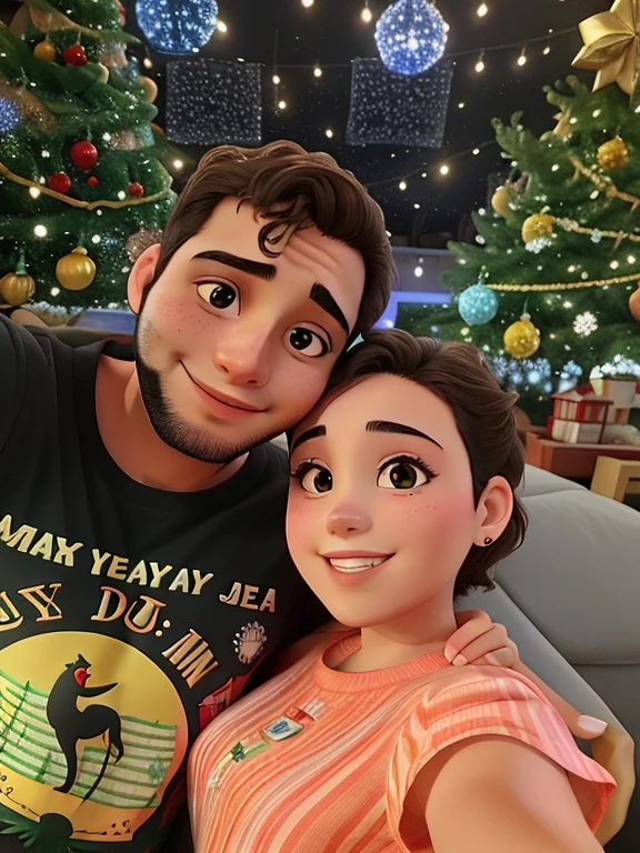 Casal tirando selfie com fundo de luzes de natal