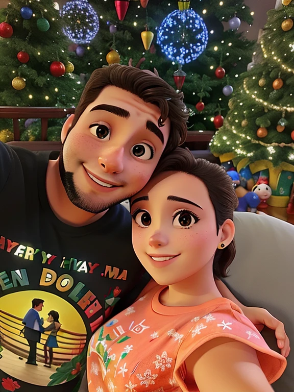 Casal tirando selfie com fundo de luzes de natal