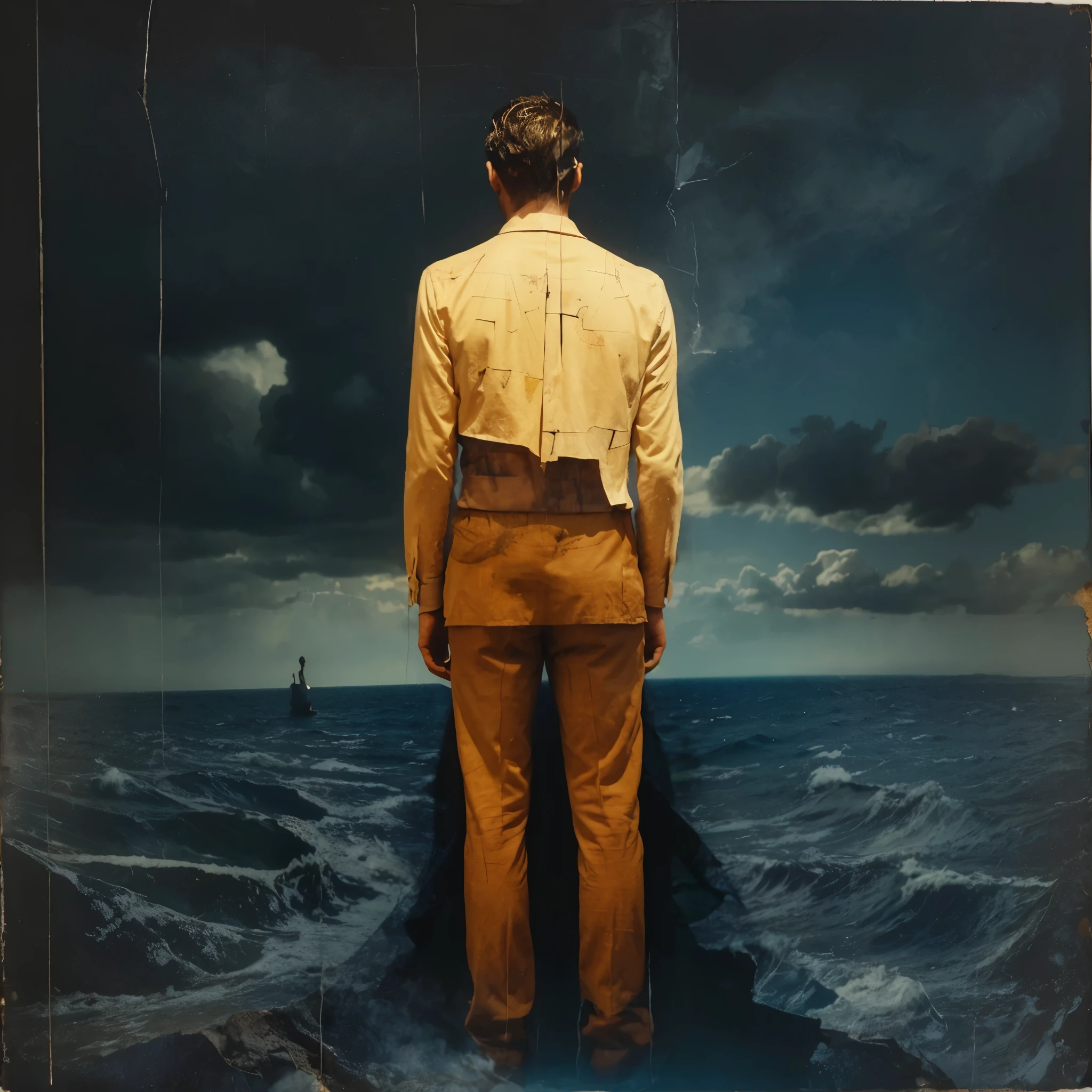 homem forte homem jovem e bonito, all sewn together as if they were separate pieces showing the scars, on the table there is a skull head in complex double exposure art by Alex Stoddard, and Brooke Shaden surreal postcard on cracked paper, extremely dynamic, unusual, vintage