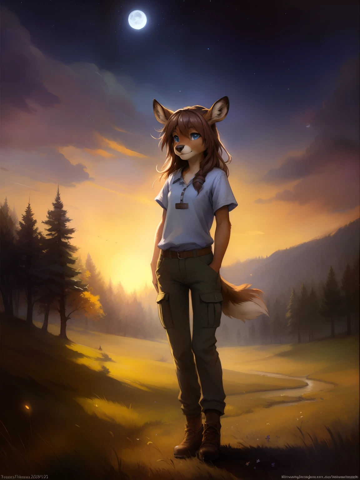 uploaded the e621, beautiful and detailed portrait of a (((female))) small very young solo teenage young anthro female deer doe with with small hips and a skinny body and ((clear navy blue eyes)),  ( small legs and hips :1.5), small pelvis, Slim waist, wearing cargo pants and a shirt, standing on a dirt road with rural electric pole at night. Moon in the sky, rural town very far in the distance, tree on the side, little brook, darker picture, purple and blue, wheat field , long brown hair,  kenket, Ross Tran,ruan jia, uploaded to e621, zaush, foxovh, zenematic lighting, deer,full body, deer tail, day, beautiful, messy hair, brown hair, 1girl, solo, night, smiling shyly, detailed,hair covering eyes,  black and brown hair, long hair floating in the wind, beautiful, (sublime: 1.0), (Extremely sensitive: 1.0), 