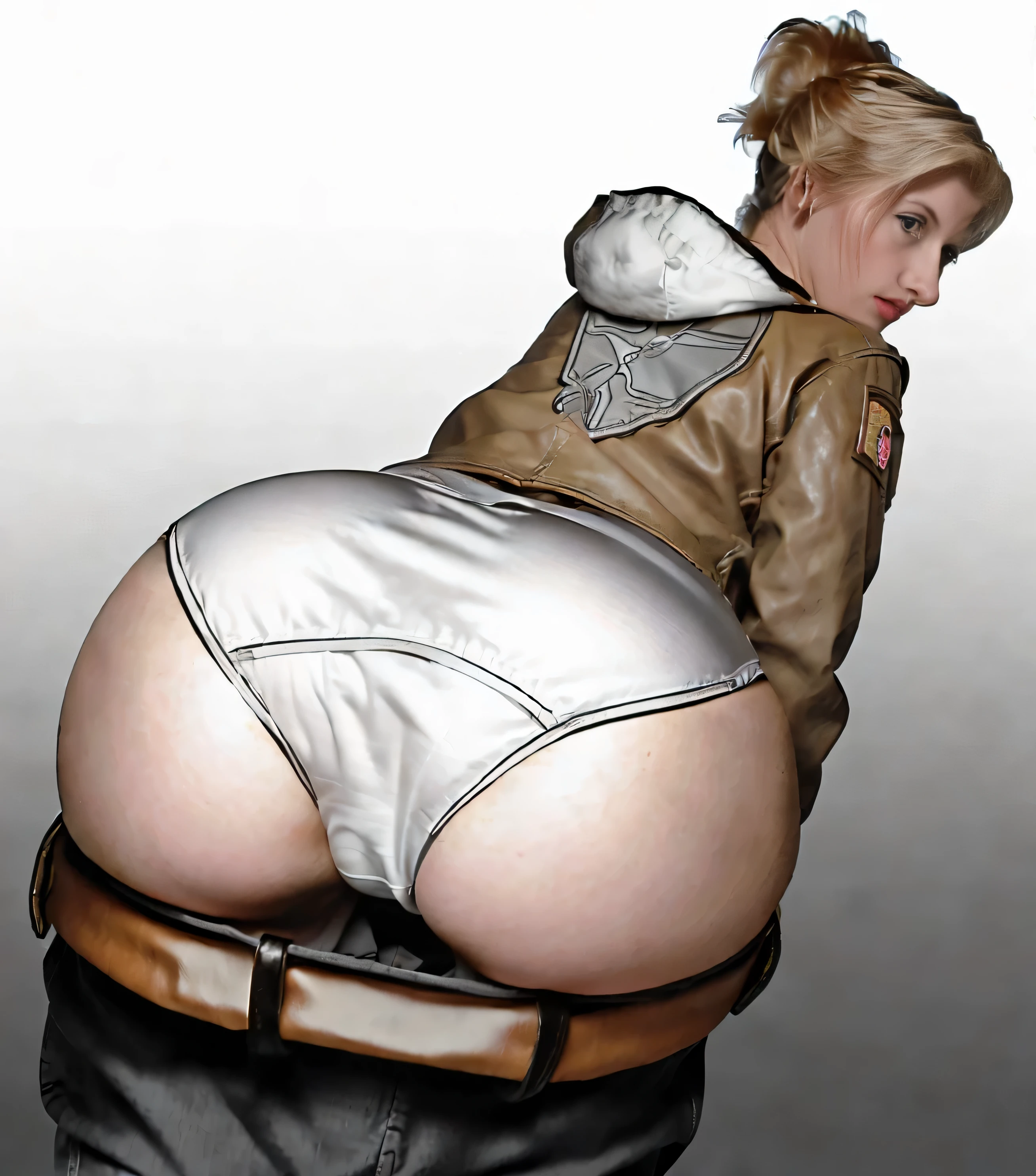 ((masterpiece, best quality)), ((29 year old)), (((Curvy))), ((Annie Leonhart)), in (brown and white scout jacket), (pulling down black and grey pants with a brown leather belt), (Bending over to show) (((white cotton panties))), (((photo realistic))), ((80's film, 80's movie scene, 80's TV Style, 80's women's underwear commercial))
