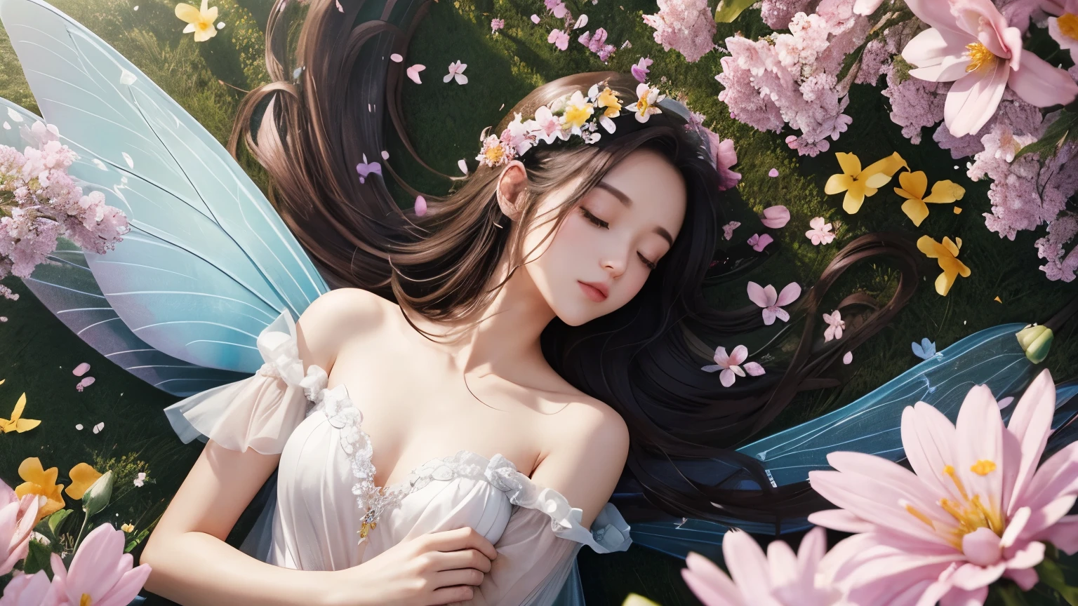 One beautiful fairy with wings、Sleeping、Upper body、Beautiful lips、Flowers in the foreground、spring scenery、surrounded by flowers、colorful flower field、high resolution、mysterious、high resolution、