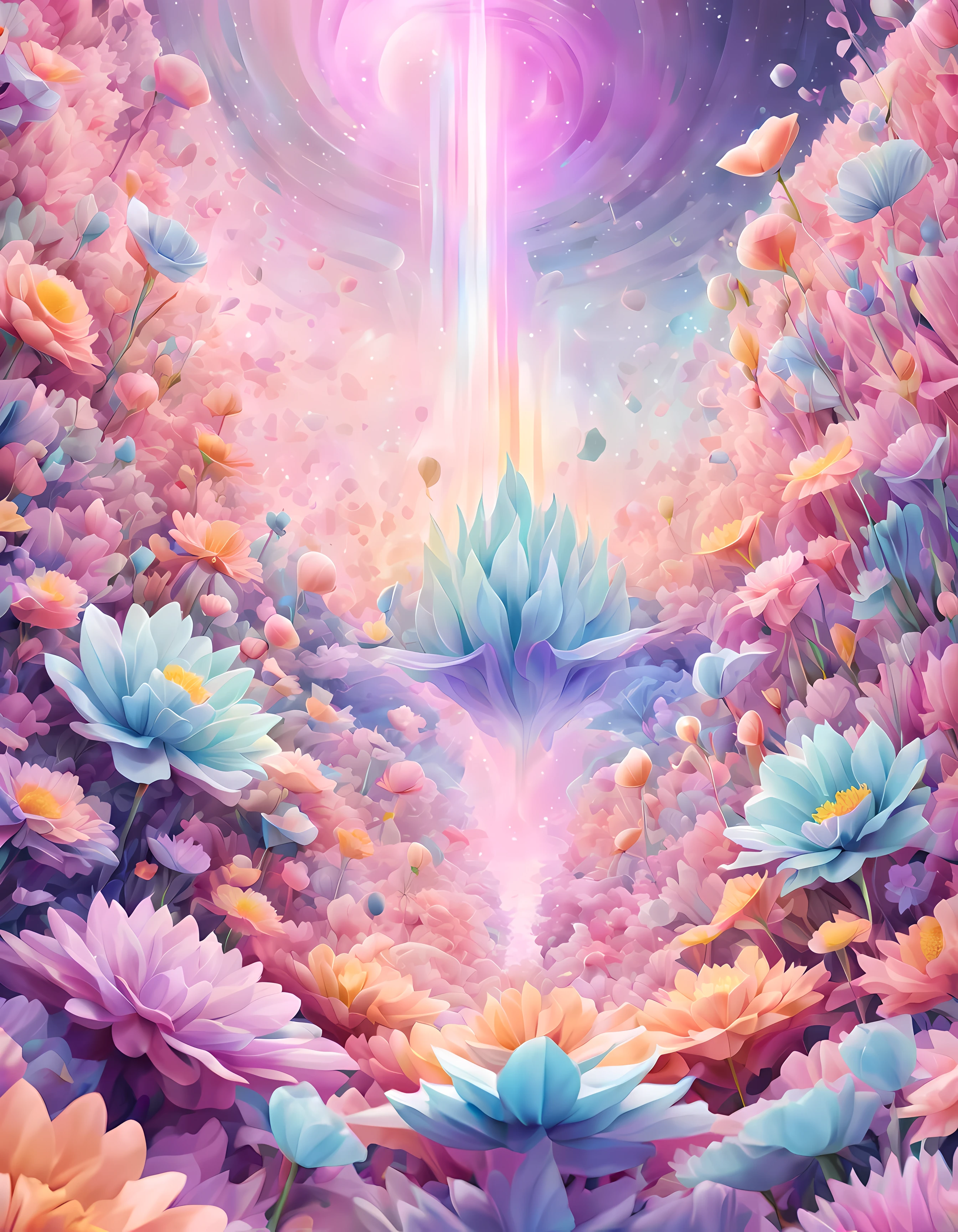 Design a visually captivating surreal ((cosmic)) masterpiece where celestial ((flowers)) are vibrant geometric shapes in a sea of ethereal pastel hues, each petal represents a distant galaxy, and the interplay of colors and patterns forms an otherworldly landscape, masterpiece in maximum 16K resolution, superb quality. | ((More_Detail))
