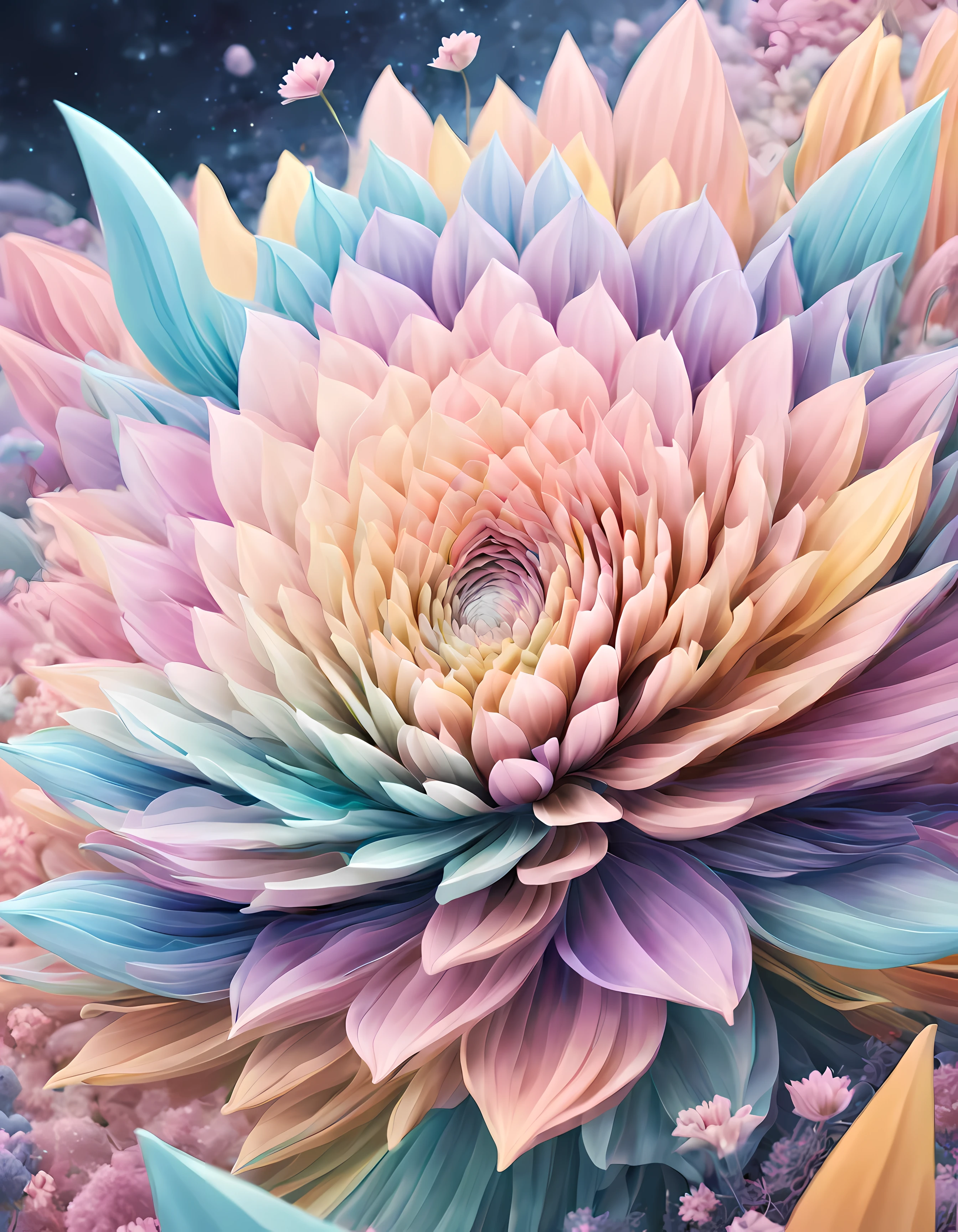 Design a visually captivating surreal cosmic masterpiece where celestial ((floweranifest as vibrant geometric shapes in a sea of ethereal pastel hues, each petal represents a distant galaxy, and the interplay of colors and patterns forms an otherworldly landscape, masterpiece in maximum 16K resolution, superb quality. | ((More_Detail))