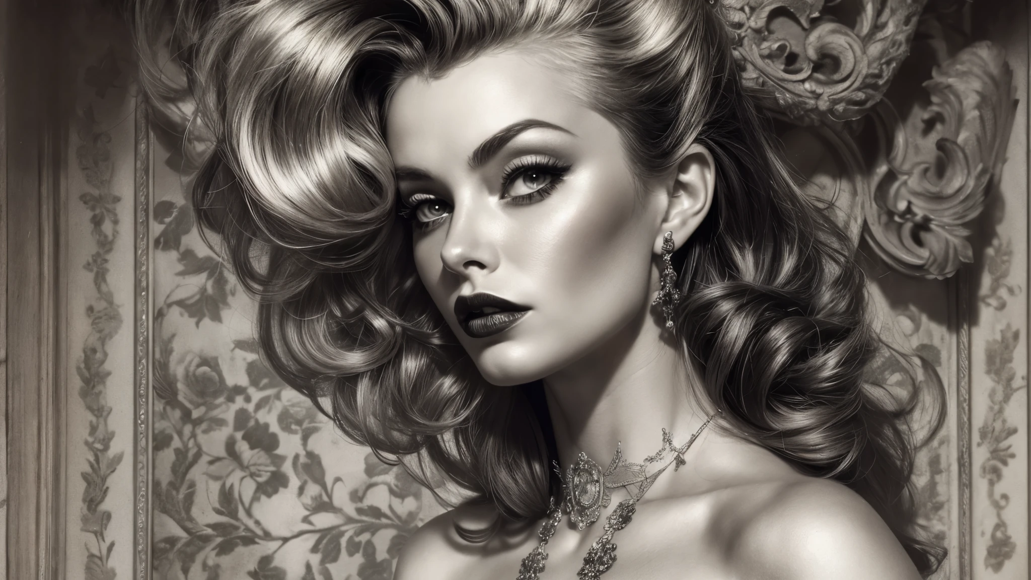 (1960s \(style\)), pin-up style, thin woman in a tight-laced ornate corset, huge hanging breasts spilling over the top, skindentation, ornate filigree, perfectly styled hairdo, blonde hair, parted black lips, juicy lipstick, ruffled panties, long legs, stockings, soft lighting, beautiful rich bedroom, style of romantic goth, hyper realism, 8k,