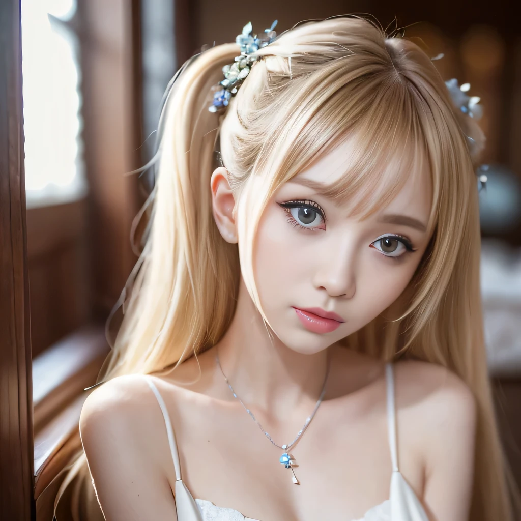 portrait、Topless、bright look、twin tails、young shiny glossy white shiny skin、best looks、blonde reflection、Platinum blonde hair with dazzling highlights、shiny bright hair,、super long straight hair、Shining beautiful bangs、Sparkling crystal clear charming big blue eyes、Very beautiful and lovely cute 18 year old girl、rich bust、beautiful naked、I can see the collarbone、((I could see the whole body))、beautiful face、broad shoulders、Loosening perm、No bra、