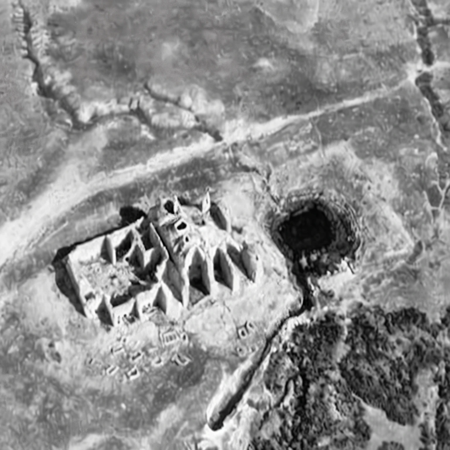 an aerial view of a small building in a desert, 1920s archeologically photo, aerial view of an ancient land, historical photo, ancient alien tools and houses, historical image, historical photograph, historic photo, giant tomb structures, an aztec city in a island lake, photograph from above, 1930 photo, an intact ancient alien ship