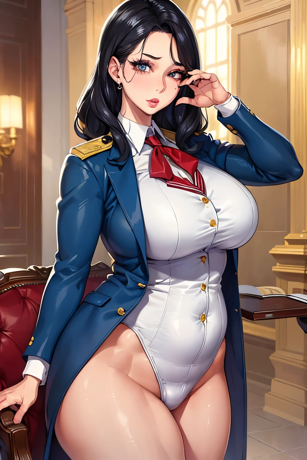 "(A perfect masterpiece:1.2), (the best quality:1.2), stunning face,  uniform, mature and chubby, big pupils, bright eyes, makeup, long and luxurious eyelashes, full lips, irresistible charisma."