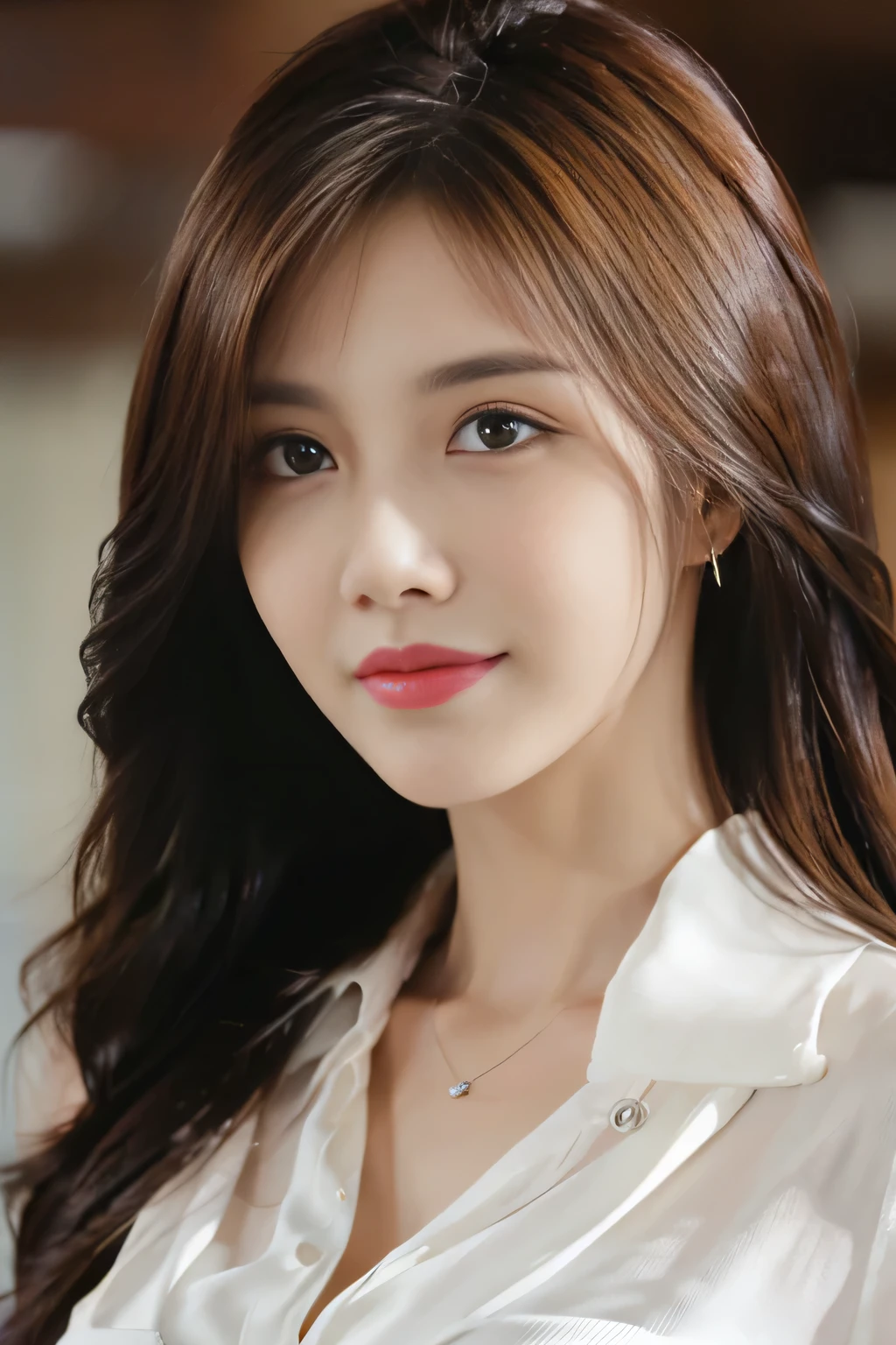 table top, highest quality, realistic, Super detailed, finely, High resolution, 8k wallpaper, 1 beautiful woman,, light brown messy hair, wearing a business suit, sharp focus, perfect dynamic composition, finelyて美しい目, thin hair, Detailed and realistic skin texture, smile, close-up portrait, model body shape