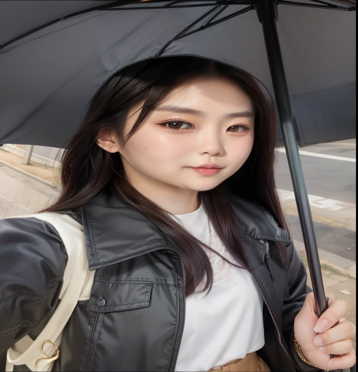 mulher arafada com camisa branca e jaqueta preta segurando um guarda-chuva, gema chen, Louise Zhang, a young Asian woman, 18 anos de idade, basia tran, Southeast Asian with round face, asian features, Xision Wu, Bella Poarca, mai anh tran, Leslie Zhang, imagem de perfil, nivanh chanthara, an Asian woman