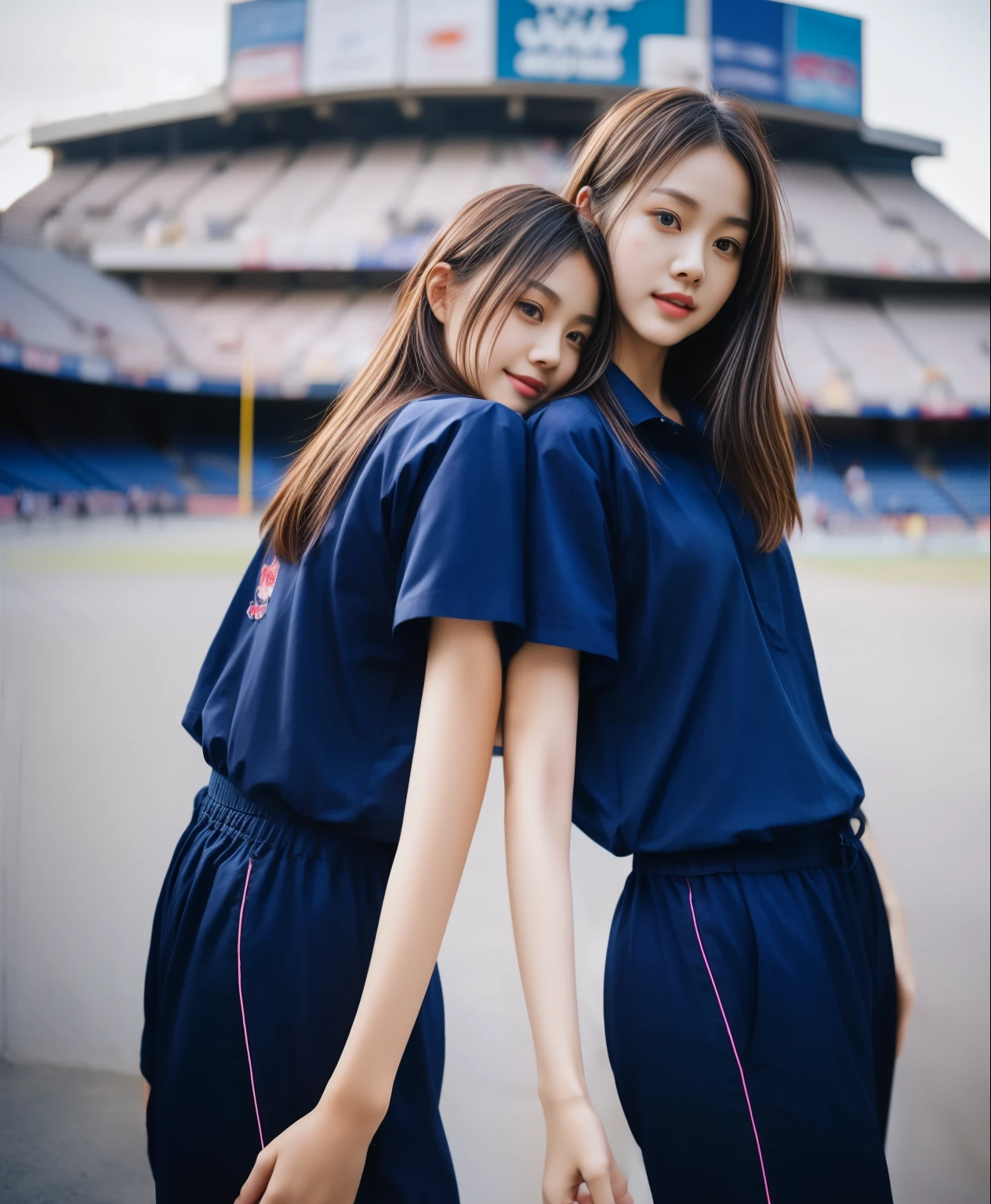 (best quality,10,10,height,Masterpiece:1.2),Special details,(realistic,ภาพrealistic,Realistic photos:1.37),1 cute girl on the football field,shiny, ผิวshiny,only,smile softly,BDclothelue shirt:1.3)),short sleeve,shirt, กางเกงขาlong.,(navy_long_track pants:1.1), ((stadium background:1.3)),Dynamic angle,excited,Face focus,dynamic poses,from behind,focus on ass,Masterpiece, best quality, ultra realistic, hyper-detail, 8K resolution, raw photos, Sharp focus, ((Navy blue shirt:1.1)), short sleeve, เส้นทางlong, perfect body, 2 mature women, 18 years old, Cinema-grade lighting system,blue sweatpants,shirtผ้าออกกำลังกาย,correct anatomy,perfect body, correct body, Sharp face, correct bodyทางกายวิภาค, full body, realistic gestures, long-haired, realistic poses,Wear long shorts................................,ช่วงขาlong,Good shape,carved girl, Slender figure, model, Good shape, beautiful body,blue sweatpants, two girls kissing