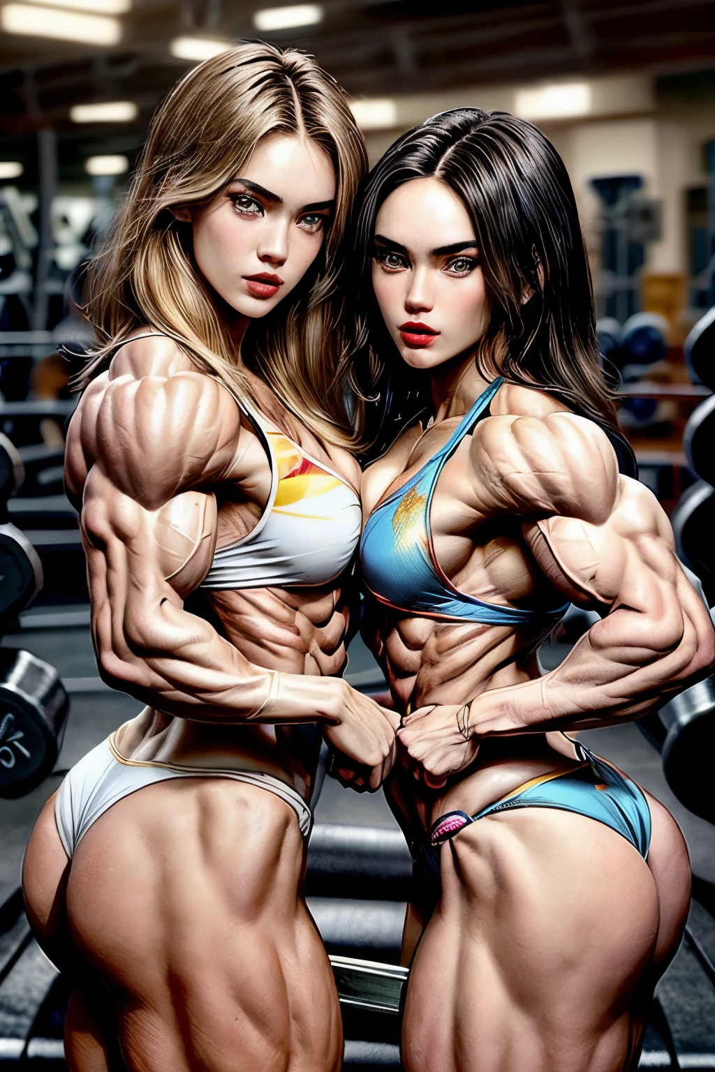 (2 girls body builders:1.6), ((masterpiece)), best quality, ultra-detailed:1.7, finely detail, high resolution:1.6, perfect dynamic composition, beautiful detailed faces:1.77, blonde babes:1.88, perfect red lipstick, perfect makeup:1.8, short denim bikini , large breasts:1.4, lovely look:1.7, gorgeous face:1.6, defined muscles:1.4, beautiful faces:1.8, alessandra ambrossio, izabel goulart, Kate Upton, Gigi Hadid, candice swanpoel ,popped out dense veins on muscles:1.8, hyper detailed picture:1.4, 8k resolution: 1.7, flex muscles:1.3, hyper muscular body shape:1.42, photorealistic:1.5, realistic:1.6, face masterpiece:1.74, good and professional lighting on picture:1.38, Ukrainian-Moroccan muscle beauty goddess, masterpiece 24 years old Madison Beer and Megan Fox as bodybuilders, extremely high resolution, hyper feminine beauty , hyper realistic texture , extra large , hyper muscularity, hyper vascularity, ass of titanium, muscles of steel, ripped body shape, ripped sexy ass with bikini, muscular ass , topless, kissing, good face details, hyper face detailing, doing sex, super romantic moment, hyper romantic, romantic kiss, nude females, perfect symmetrical face, sexy French kiss.