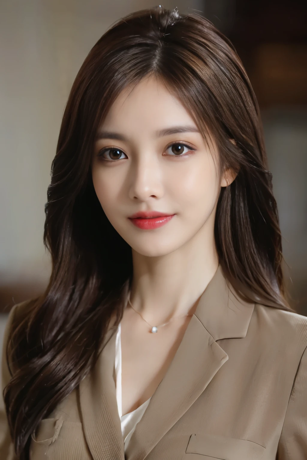 table top, highest quality, realistic, super detailed, finely, High resolution, 8k wallpaper, 1 beautiful woman,, light brown messy hair, wearing a business suit, sharp focus, perfect dynamic composition, detailed and beautiful eyes, fine hair, Detailed and realistic skin texture, smile, close-up portrait, model body shape