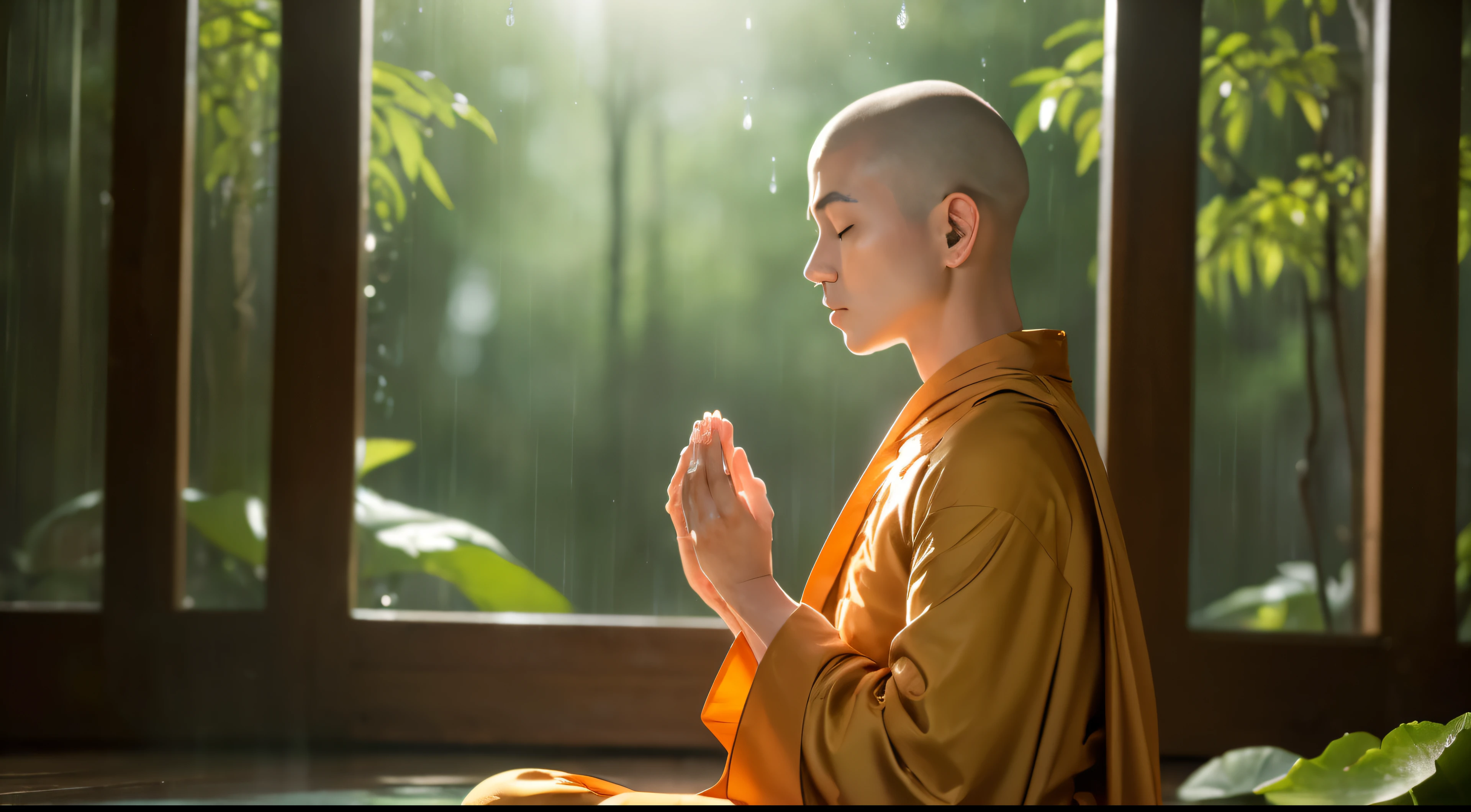 highest quality、highest quality、realistic、unity、8k wallpaper、official art、Highly detailed CG unity 8k wallpaper、Super detailed、High resolution、Physically based rendering、Super detailed,growing up, finely,one young monk, (no hair), (close your eyes:1.1), (meditating), slim face, young monk, highly detailed face, fine eyes, view, blurred background,  (Front view:1.3), (monk&#39;s robe:1.3),  (Sit and meditate in the lotus position:1.3), (Stay away from the camera）, (Facing the camera forward）, frontage, slim face, In the rainforest, professional lighting, (illuminate your face:1.3)