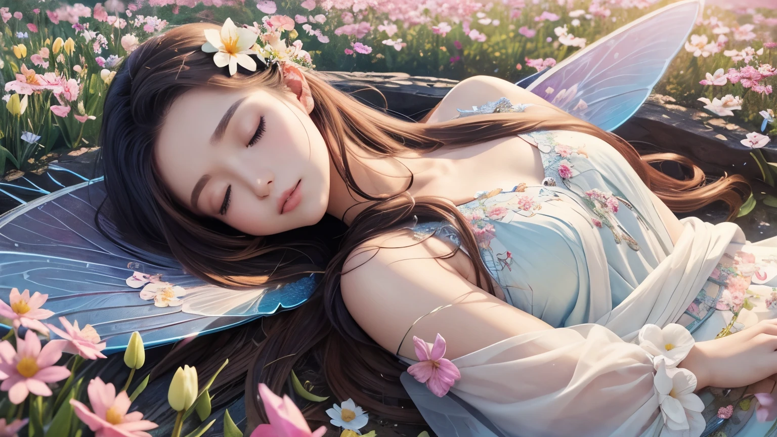 One beautiful fairy with wings、Sleeping、Upper body、Beautiful lips、Flowers in the foreground、spring scenery、surrounded by flowers、colorful flower field、high resolution、mysterious、high resolution、