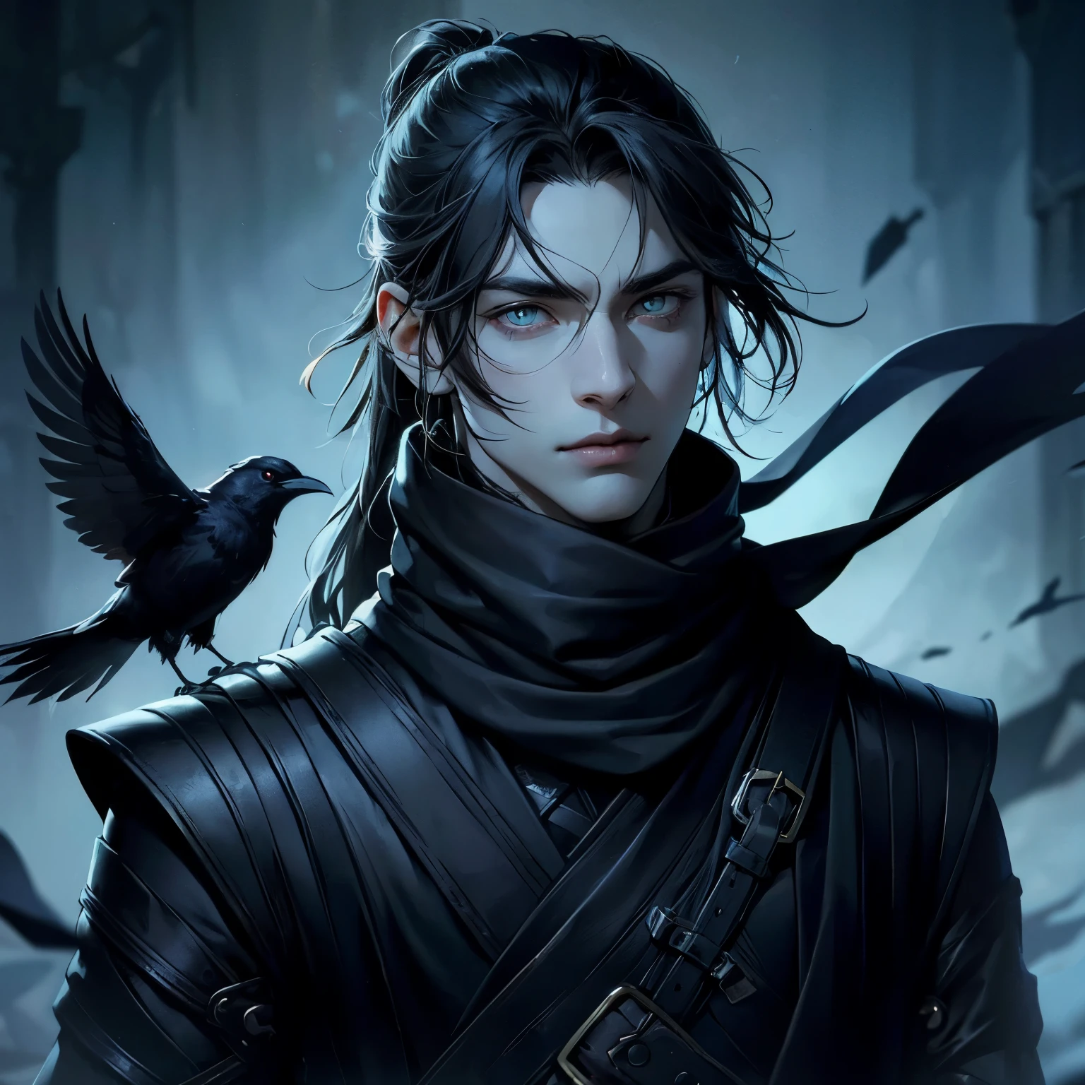 an animated fantasy novel style picture of a character portrait. Animated. He is 18 years young. He has long dark hair tied into a long ponytail. He is pale with dark yellow brooding eyes. He is wearing an all black sleek leather medieval fantasy gear with a black scarf flowing. He is a mysterious and apathetic character. Dark powers and mists surround him. he controls shadows. Raven perched on his shoulder.