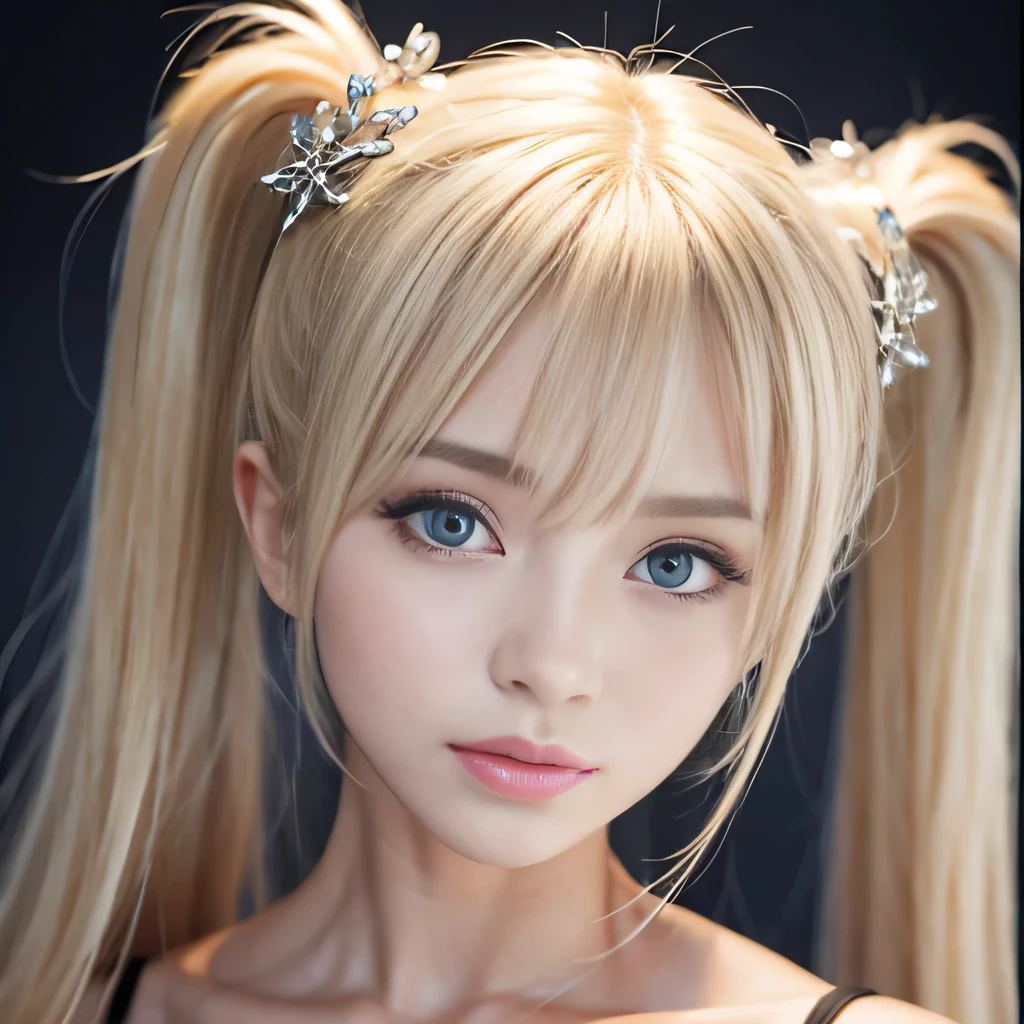 portrait、Topless、bright look、twin tails、young shiny glossy white shiny skin、best looks、blonde reflection、Platinum blonde hair with dazzling highlights、shiny bright hair,、super long straight hair、Shining beautiful bangs、Sparkling crystal clear charming big blue eyes、A very beautiful and lovely 19 year old girl、rich bust、beautiful naked、I can see the collarbone、((I could see the whole body))、beautiful face、broad shoulders、Loosening perm、No bra、