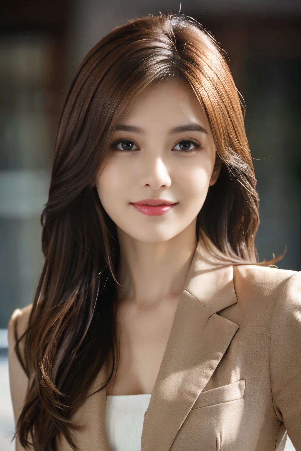 table top, highest quality, realistic, super detailed, finely, High resolution, 8k wallpaper, 1 beautiful woman,, light brown messy hair, wearing a business suit, sharp focus, perfect dynamic composition, detailed and beautiful eyes, fine hair, Detailed and realistic skin texture, smile, close-up portrait, model body shape