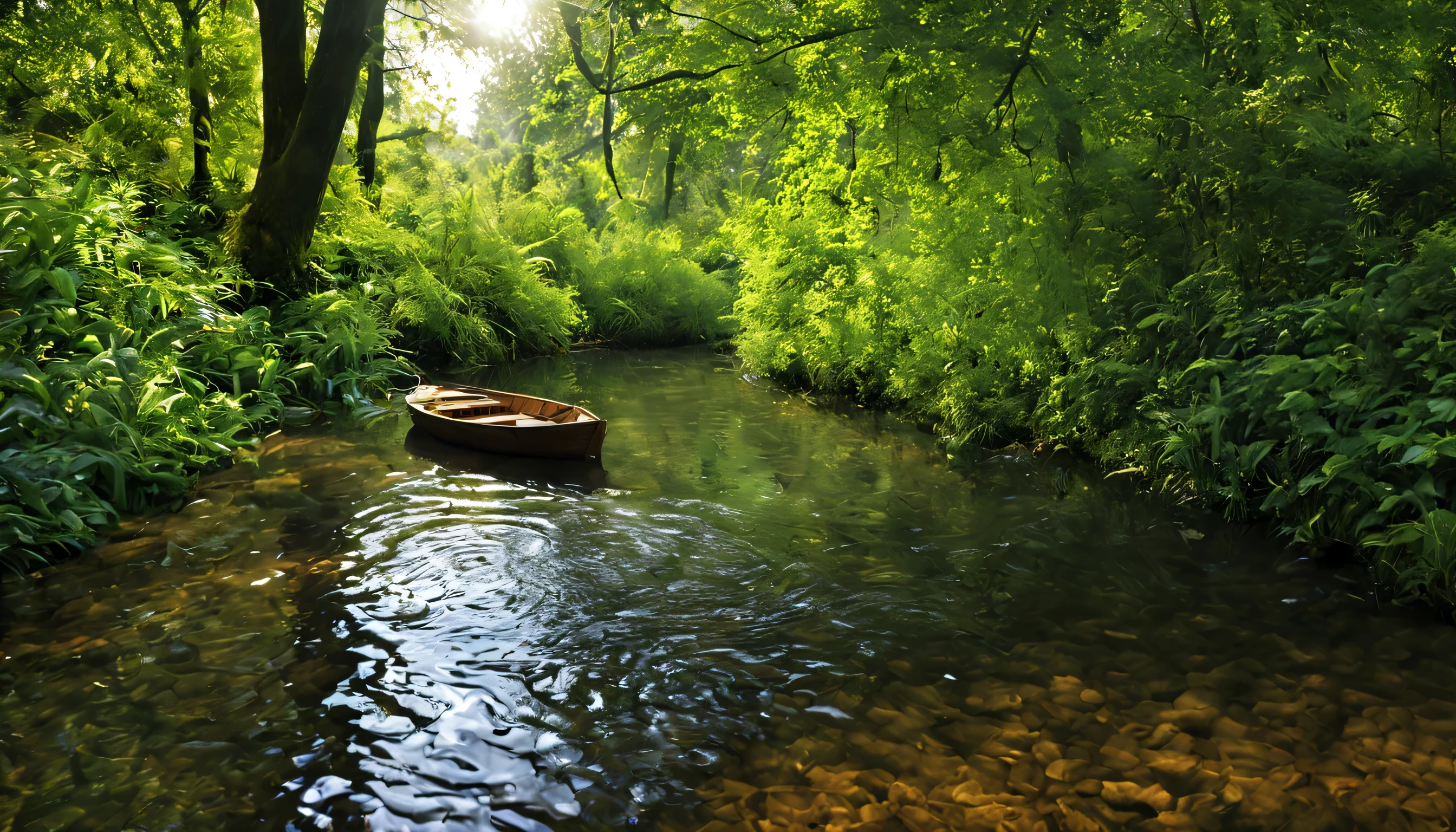 a river in the forest and a wooden boat, trees around it, sunlight coming through the gaps in the trees, fresh air, clear water, several plants, fish jumping from the water,detailed, 4k , hd resolution