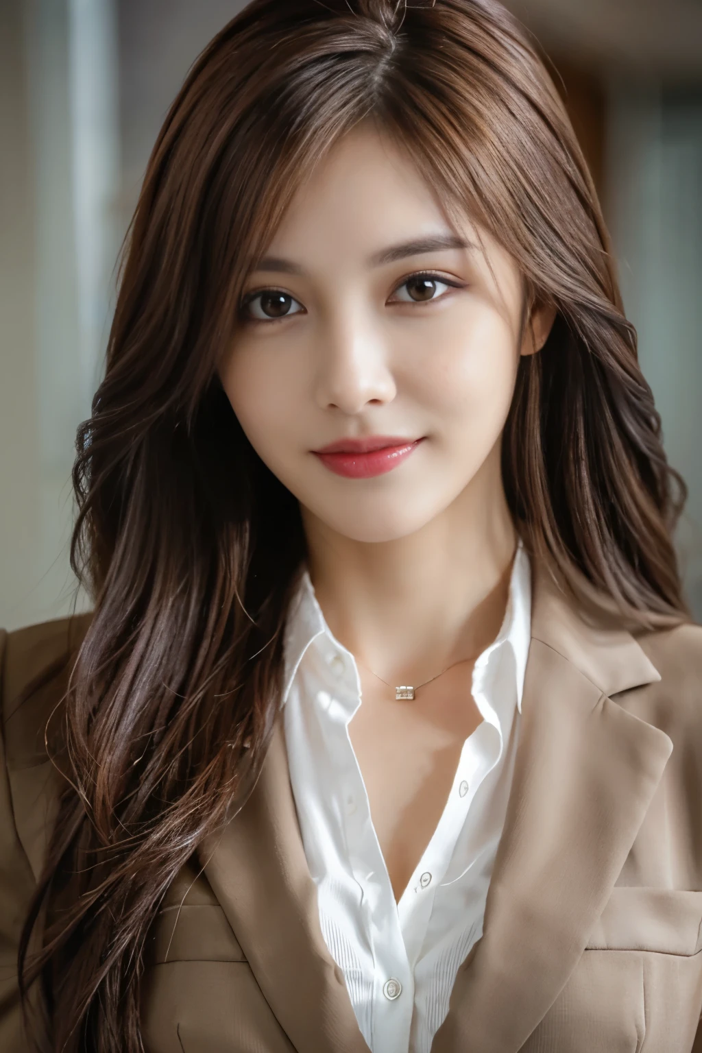 table top, highest quality, realistic, super detailed, finely, High resolution, 8k wallpaper, 1 beautiful woman,, light brown messy hair, wearing a business suit, sharp focus, perfect dynamic composition, detailed and beautiful eyes, fine hair, Detailed and realistic skin texture, smile, close-up portrait, model body shape