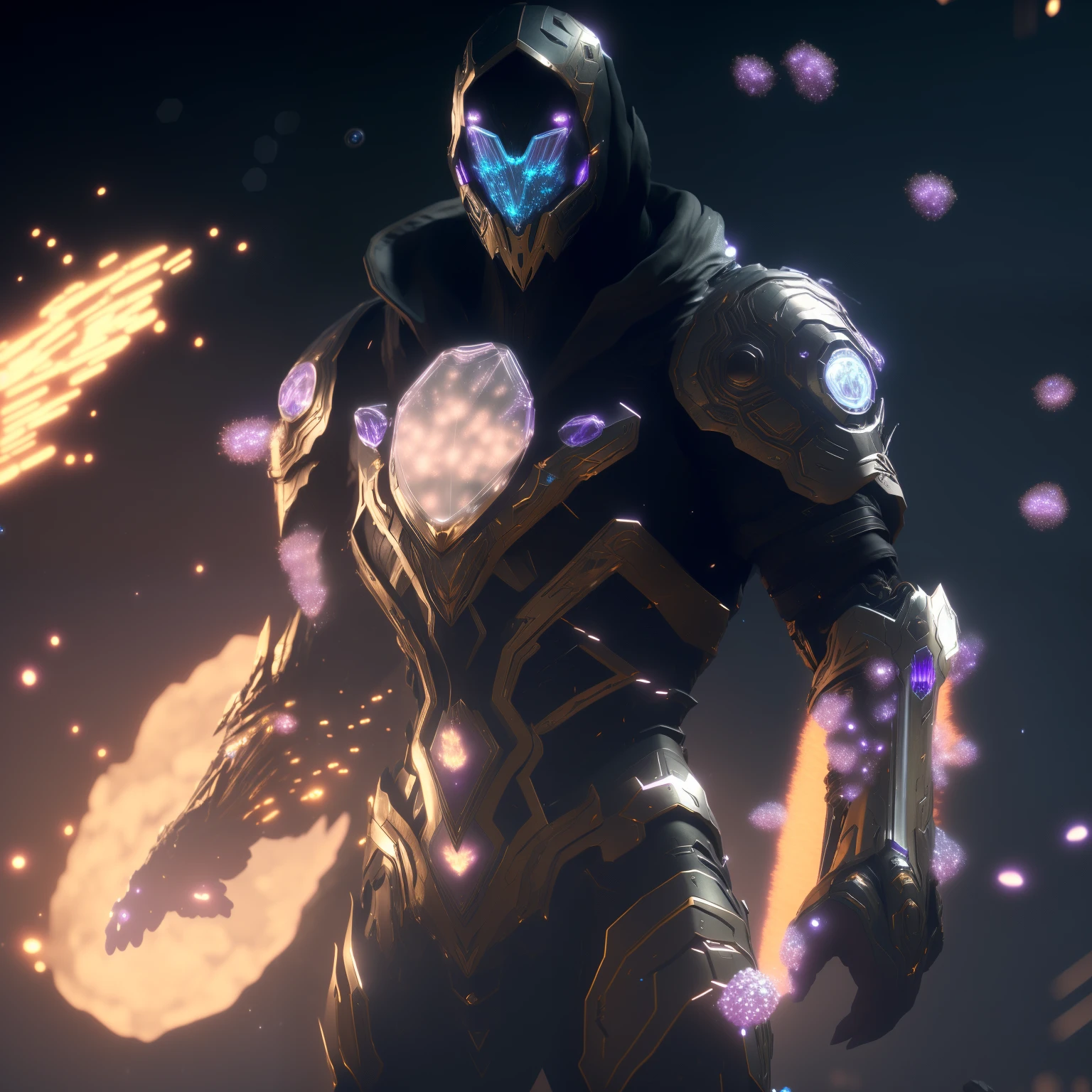 a RAW clean-look photograph of a tall cyberpunk  finely detailed armour made of black titanium and (glowing:0.5) (purple:0.5) amethyst , power suit, high depth, crystal, visible wires and microchip, holograph, crystal (transparent:1.9)torso, wires inside of body, imposing, elegant, for men, modern minimalism, low poly lines, glitch core, dreamy, badass, dystopia, godlike, mysterious, midjourney, cinematic lighting, 3D render, blender cycles, octanerender, warframe, high poly, glow, color dodge,deep dark background, high depth, artstation, deviantart, exteel, thin waist, electronics, angry, anger, extremely intricate and detailed scratched up armor, low saturation, (unreal engine 5:1.5), (4k:2), tiny dust floating speckles, tiny shimmering glowing (particles:1.6), art by greg rutkowski, (concept art draft:1.7), (thousands of small glowing particles emanating from arms:1.8), (clean background:1.8), (magnetic pulling forces:1.5) (wide angle:1.8) (visible face anger:2), (female body:2), ninja, hoodie, assassin