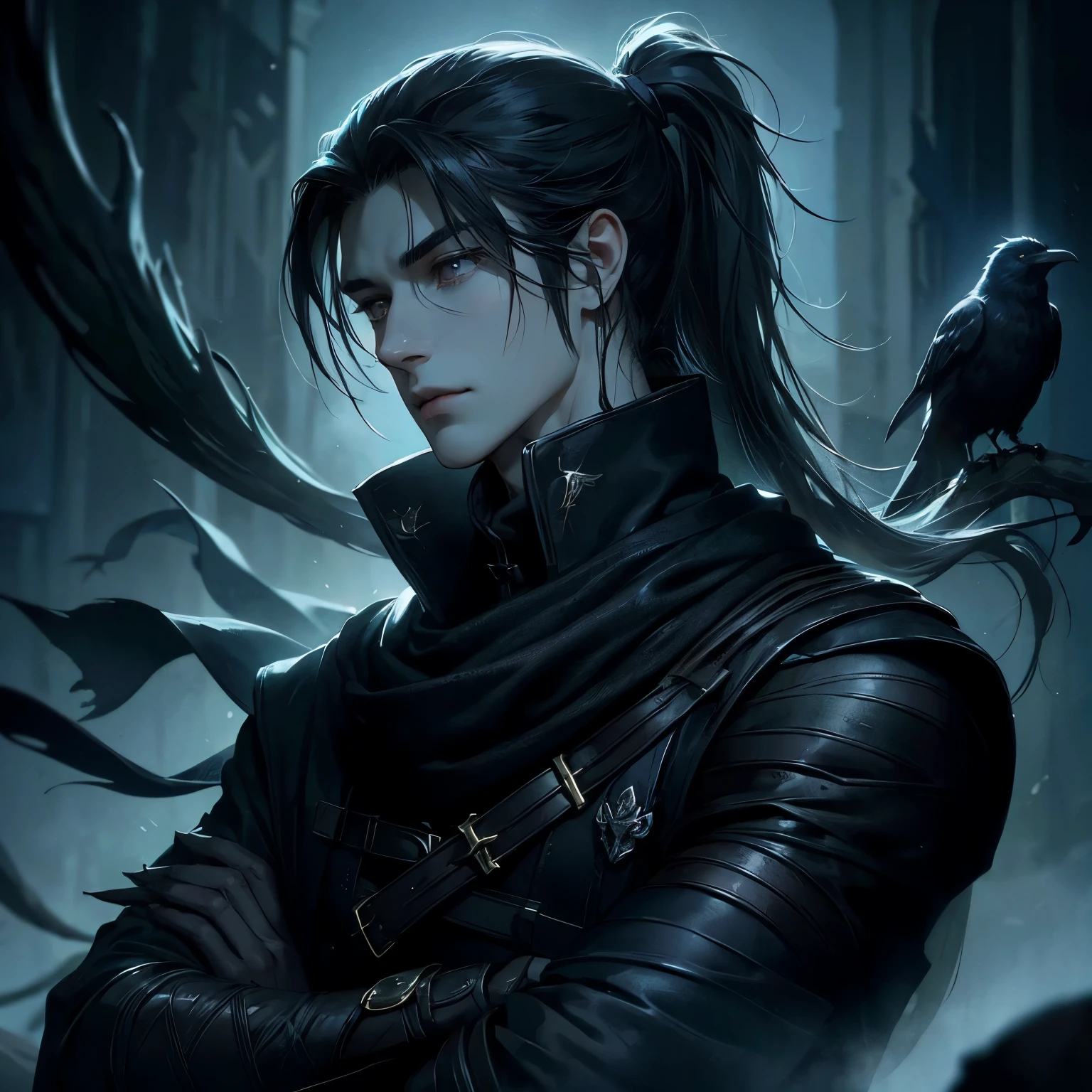 an animated fantasy novel style picture of a character portrait. Animated. He is 18 years young. He has long dark hair tied into a long ponytail. He is pale with dark yellow brooding eyes. He is wearing an all black sleek leather medieval fantasy gear with a black scarf flowing. He is a mysterious and apathetic character. Dark powers and mists surround him. he controls shadows. Raven perched on his shoulder.