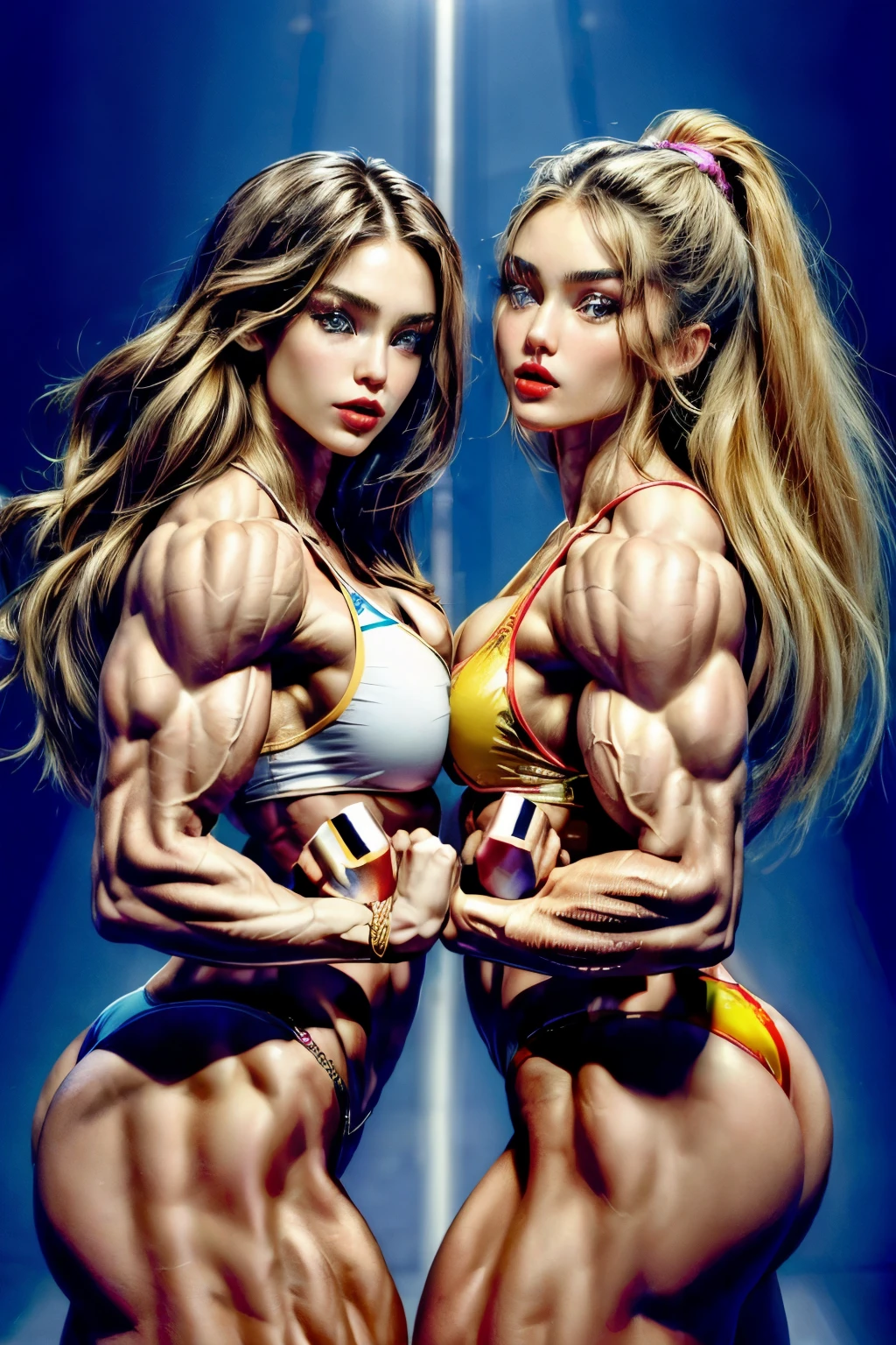 (2 girls body builders:1.6), ((masterpiece)), best quality, ultra-detailed:1.7, finely detail, high resolution:1.6, perfect dynamic composition, beautiful detailed faces:1.77, blonde babes:1.88, perfect red lipstick, perfect makeup:1.8, short denim bikini , large breasts:1.4, lovely look:1.7, gorgeous face:1.6, defined muscles:1.4, beautiful faces:1.8, alessandra ambrossio, izabel goulart, Kate Upton, Gigi Hadid, candice swanpoel ,popped out dense veins on muscles:1.8, hyper detailed picture:1.4, 8k resolution: 1.7, flex muscles:1.3, hyper muscular body shape:1.42, photorealistic:1.5, realistic:1.6, face masterpiece:1.74, good and professional lighting on picture:1.38, Ukrainian-Moroccan muscle beauty goddess, masterpiece 22 years old Ariana Grande and as bodybuilders, extremely high resolution, hyper feminine beauty , hyper realistic texture , extra large , hyper muscularity, hyper vascularity, ass of titanium, muscles of steel, ripped body shape, ripped sexy ass with bikini, muscular ass , topless, kissing, good face details, hyper face detailing, doing sex, super romantic moment, hyper romantic, romantic kiss, nude females, perfect symmetrical face, sexy french kiss with tongues, serious muscle posing