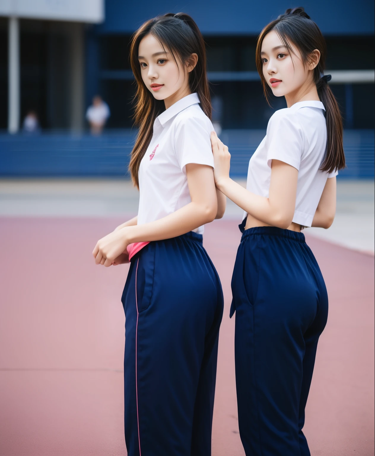 (best quality,10,10,height,Masterpiece:1.2),Special details,(realistic,ภาพrealistic,Realistic photos:1.37),1 cute girl on the football field,shiny, ผิวshiny,only,smile softly,BDclothelue shirt:1.3)),short sleeve,shirt, กางเกงขาlong.,(navy_long_track pants:1.1), ((stadium background:1.3)),Dynamic angle,excited,Face focus,dynamic poses,from behind,focus on ass,Masterpiece, best quality, ultra realistic, hyper-detail, 8K resolution, raw photos, Sharp focus, ((Navy blue shirt:1.1)), short sleeve, เส้นทางlong, perfect body, 2 mature women, 18 years old, Cinema-grade lighting system,blue sweatpants,shirtผ้าออกกำลังกาย,correct anatomy,perfect body, correct body, Sharp face, correct bodyทางกายวิภาค, full body, realistic gestures, long-haired, realistic poses,Wear long shorts................................,ช่วงขาlong,Good shape,carved girl, Slender figure, model, Good shape, beautiful body,blue sweatpants, two girls kissing