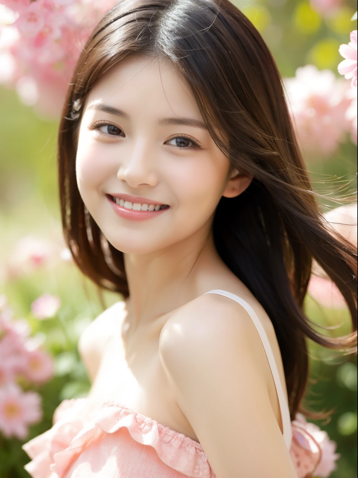 1 girl, Upper body, light smile, Top quality for shiny skin, masterpiece, (realistic:1.4),single eyelid、beautiful girl、spring
