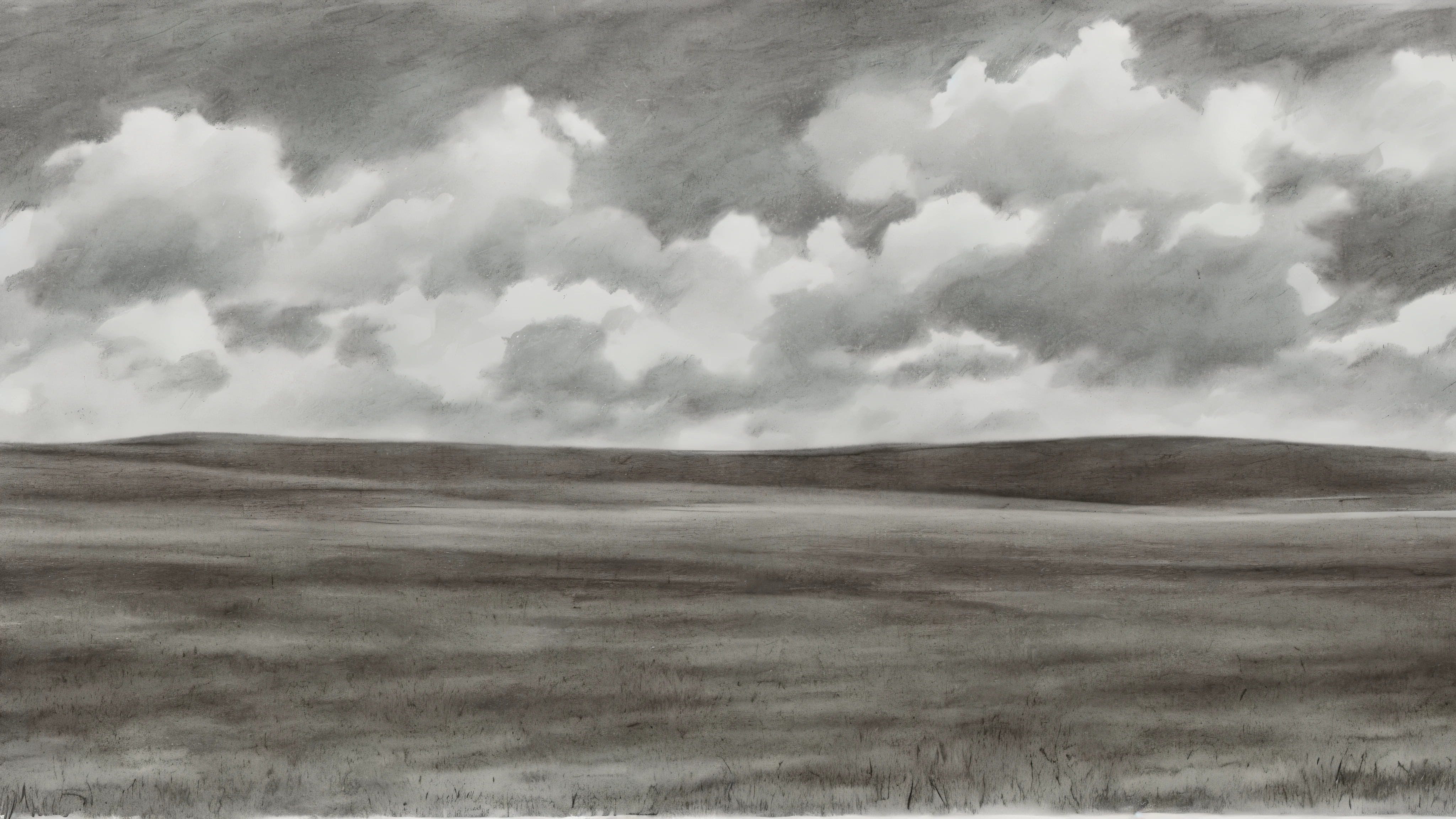 Sky，gray and white clouds，sparse field，grey，Sketch style，pencil drawing style