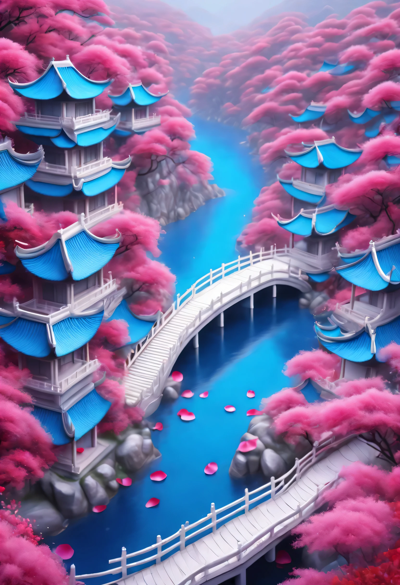 The wide drop-shaped river channel is surrounded by dense rose petals, blue lake, white chinese style house，国家地理photography风格, Exaggerated visual composition and color, 鸟瞰透视photography, 开创性的彩色photography, intricate weave, photography, Vibrant and exaggerated scenery,