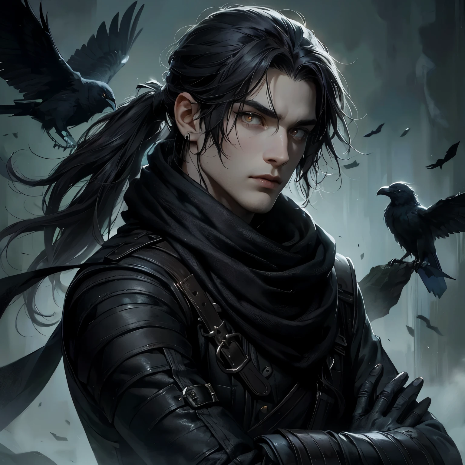 an animated fantasy novel style picture of a character portrait. Animated. He is 18 years young. He has long dark hair tied into a long ponytail. He is pale with dark yellow brooding eyes. He is wearing an all black sleek leather medieval fantasy gear with a black scarf flowing. He is a mysterious and apathetic character. Dark powers and mists surround him. he controls shadows. Raven perched on his shoulder.