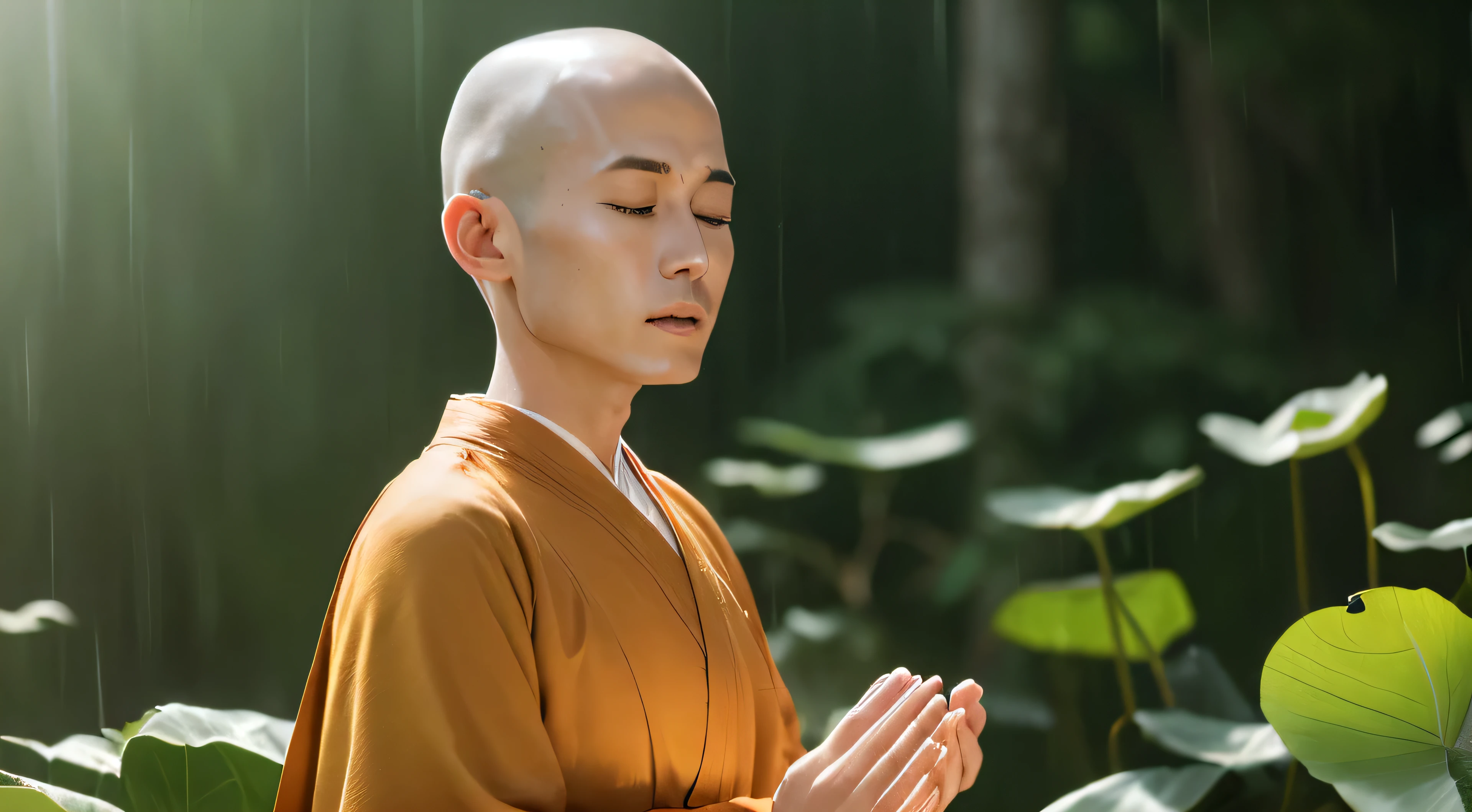 highest quality、highest quality、realistic、unity、8k wallpaper、official art、Highly detailed CG unity 8k wallpaper、Super detailed、High resolution、Physically based rendering、Super detailed,growing up, finely,The only handsome monk, (no hair:1.3), (close your eyes:1.4), (meditating), (The face tends to look a little downcast), (back correction),slim face, beautiful young monk, highly detailed face, very beautiful face, fine eyes, view, blurred background, (Front view:1.3), (monk'robe of:1.3), (Don'Minimize skin exposure as much as possible), (Sit and meditate in the lotus position:1.3), (Stay away from the camera), (Facing the camera forward), frontage, slim face, in the rainforest, professional lighting, (illuminate the face:1.3)