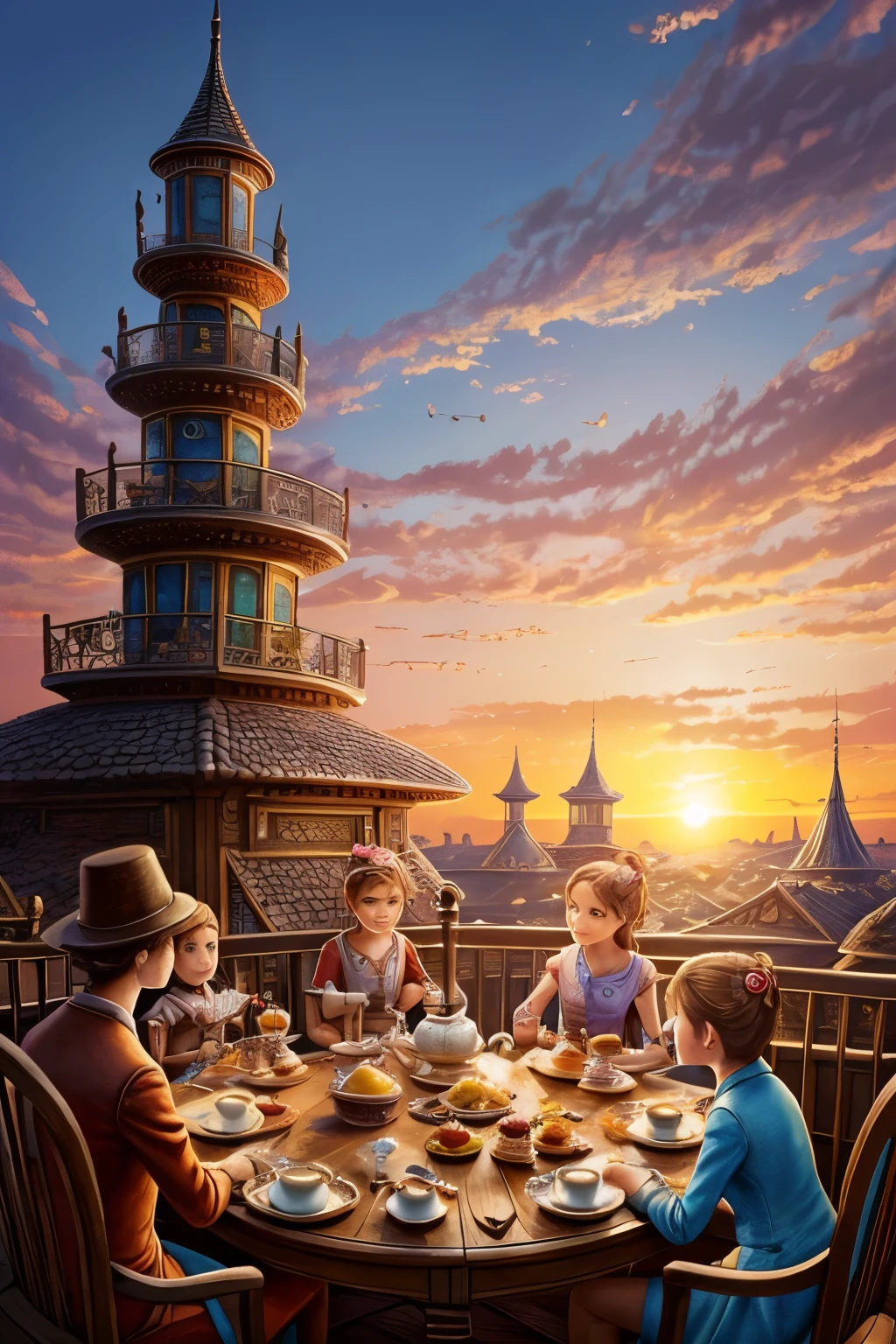 A portrait of a group of ants having a tea party, sitting round a table with tea and cakes, action scene, on a rooftop, stunning sunset, insanely detailed, Fantasy whimsical illustration, bright colours