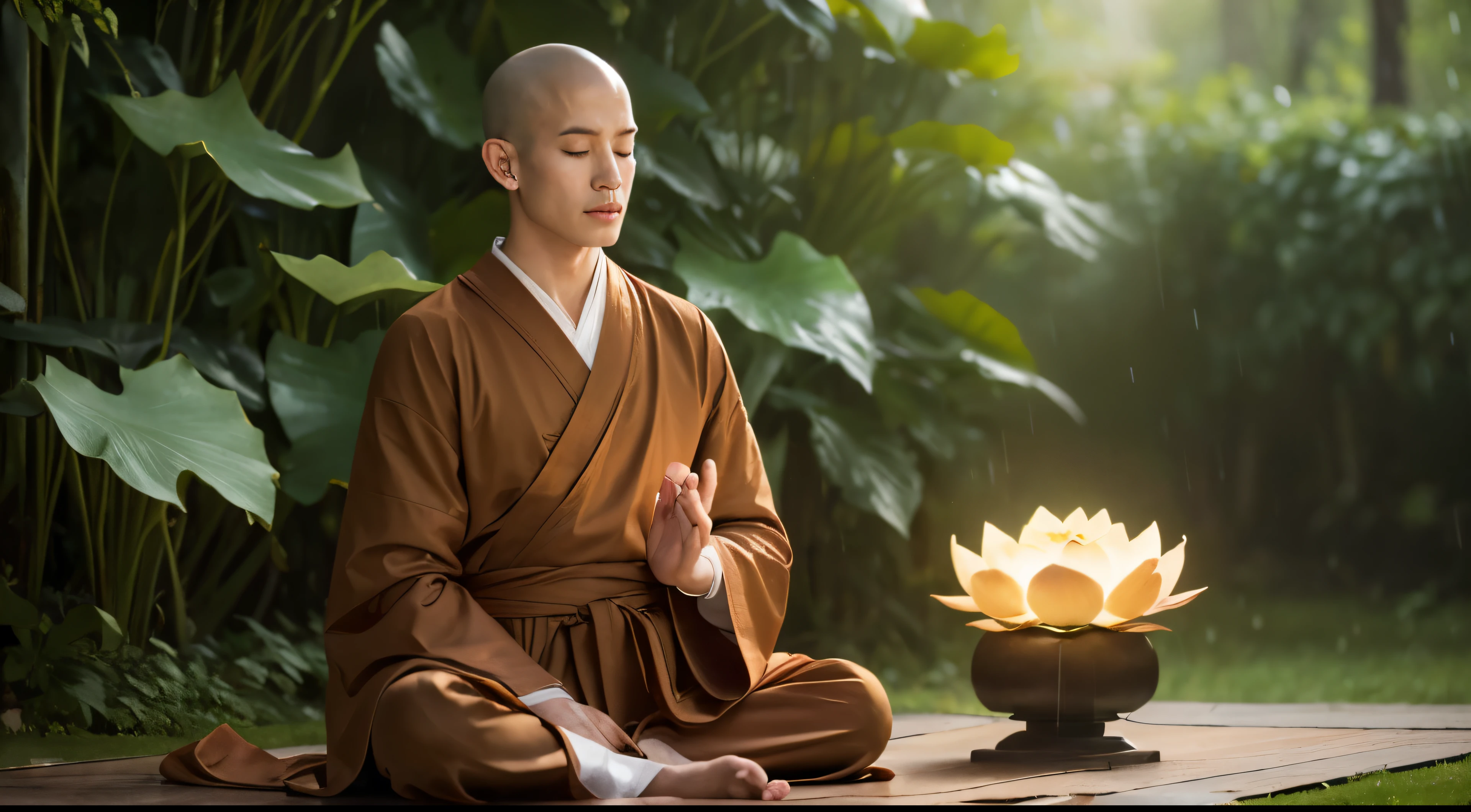 highest quality、highest quality、realistic、unity、8k wallpaper、official art、Highly detailed CG unity 8k wallpaper、Super detailed、High resolution、Physically based rendering、Super detailed,growing up, finely,one young monk, (no hair:1.3), (close your eyes:1.1), (meditating), slim face, young monk, highly detailed face, fine eyes, view, blurred background, (Front view:1.3), (monk's robe:1.3), (Sit and meditate in the lotus position:1.3), (Stay away from the camera), (Facing the camera forward), frontage, slim face, In the rainforest, professional lighting, (illuminate the face:1.3)