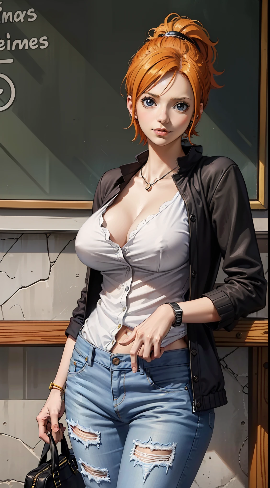 koala from anime one piece, short hair, orange hair, ponytail, beautiful, beautiful woman, perfect body, perfect breasts, wearing white shirt, black cardigan, long jeans, handbag, wearing watch, wearing earrings, in class , on campus, university, blackboard, looking at the viewer, a slight smile, realism, masterpiece, textured leather, super detailed, high detail, high quality, best quality, 1080p, 16k