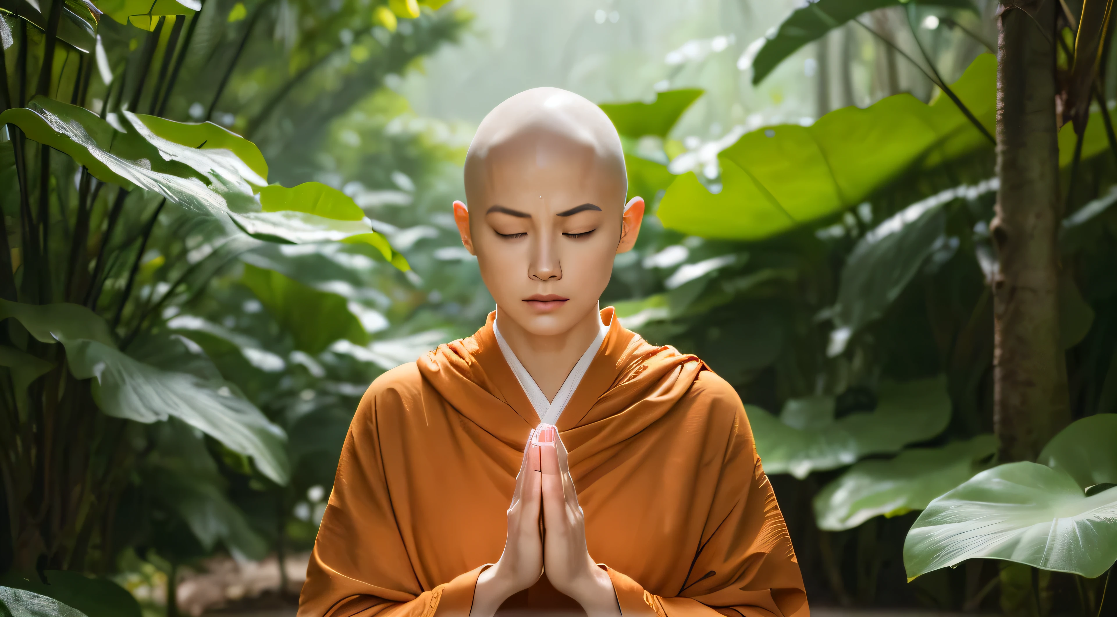 highest quality、highest quality、realistic、unity、8k wallpaper、official art、Highly detailed CG unity 8k wallpaper、Super detailed、High resolution、Physically based rendering、Super detailed,growing up, finely,The only handsome monk, (no hair:1.3), (close your eyes:1.4), (meditating), (The face tends to look a little downcast), whole body, (back correction),slim face, beautiful young monk, highly detailed face, very beautiful face, fine eyes, view, blurred background,  (Front view:1.3), (monk&#39;robe of:1.3), (Don&#39;Minimize skin exposure as much as possible), (Sit and meditate in the lotus position:1.3), (Stay away from the camera）, (Facing the camera forward）, frontage, slim face, in the rainforest, professional lighting, (illuminate the face:1.3)